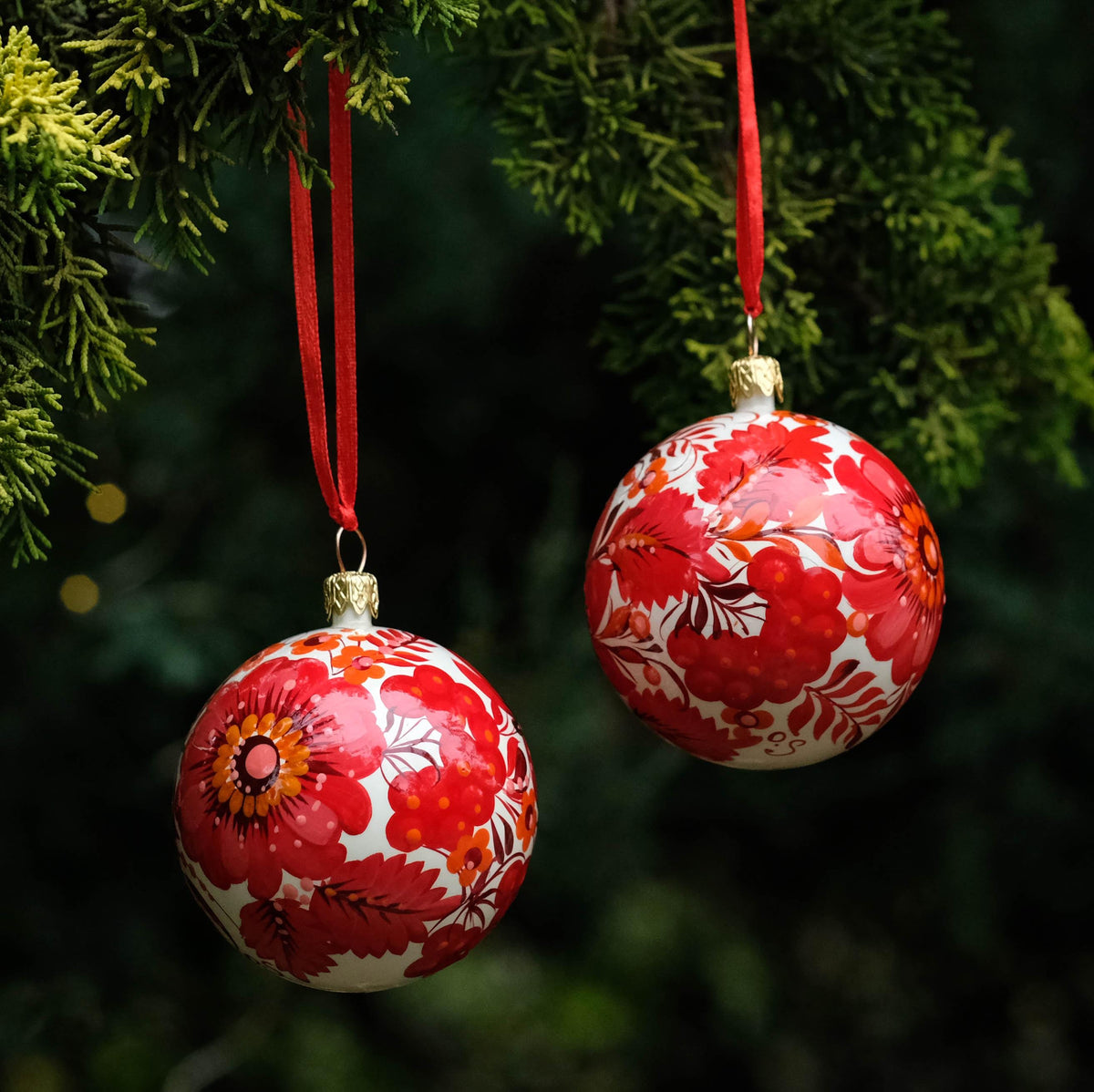 Set of 2 Christmas ornaments - Hand-painted Ukrainian ball ornaments 2.4 in, Handmade red flower Petrykivka folk art baubles