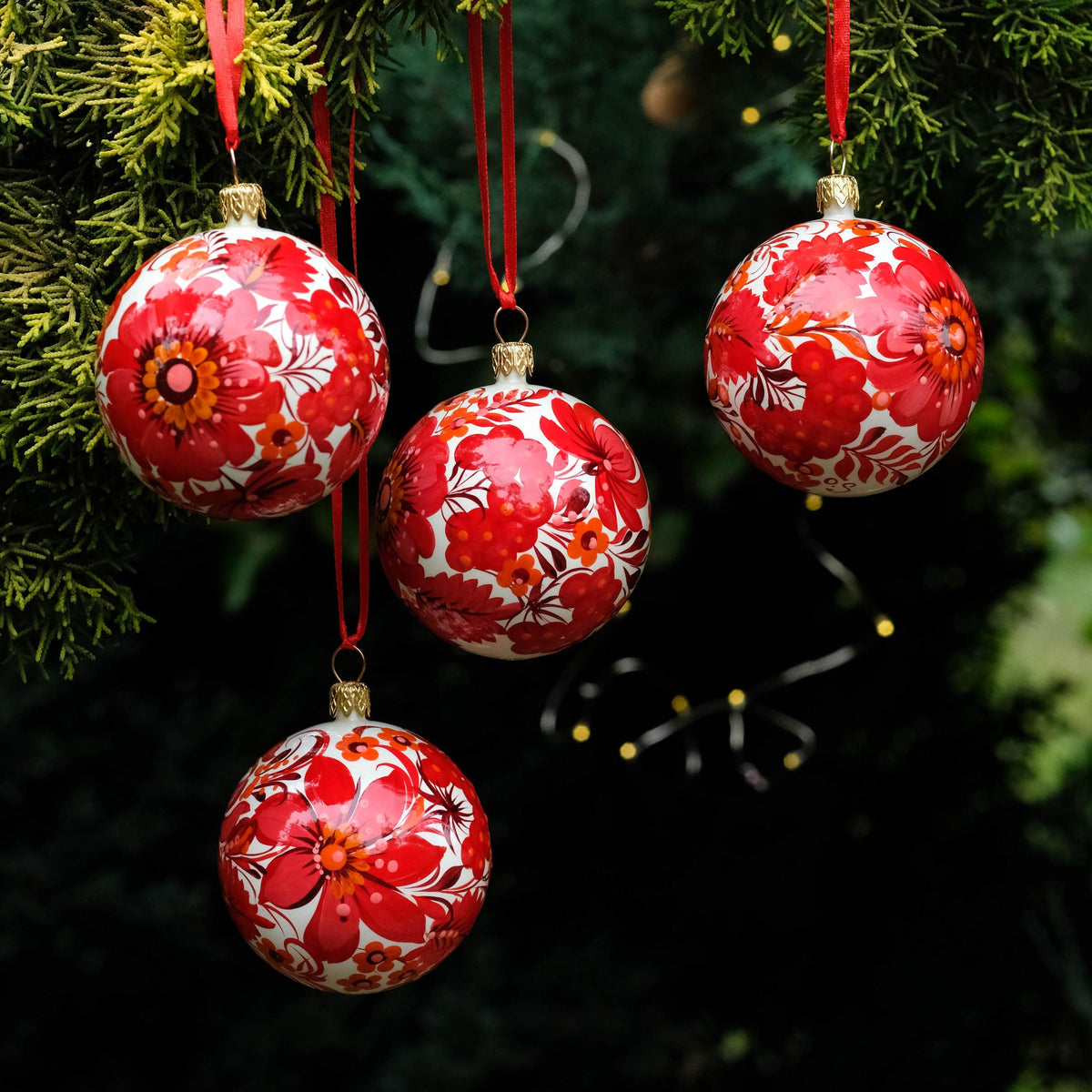 Set of 4 Christmas ornaments - Hand-painted Ukrainian ball ornaments 2.4 in, Handmade red flower Petrykivka folk art baubles