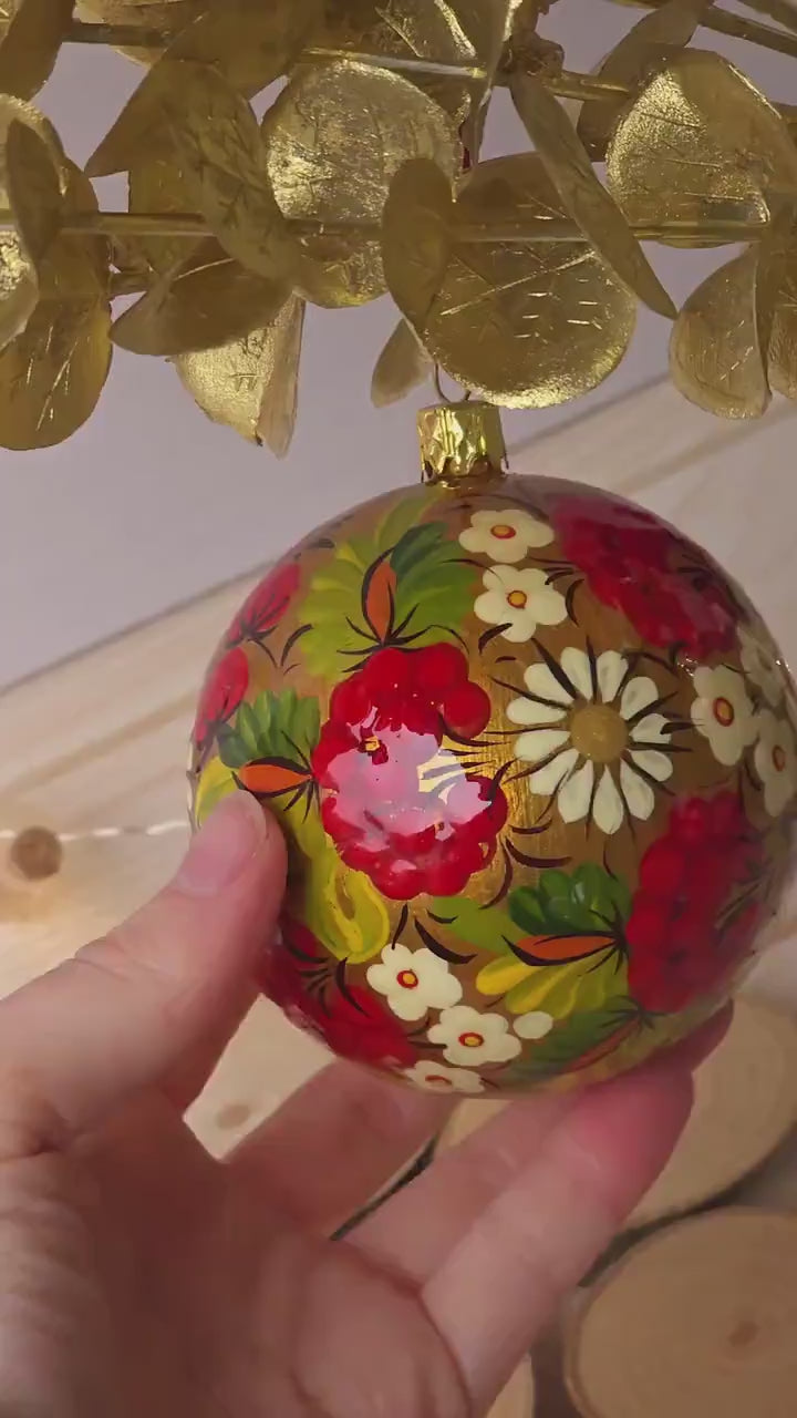 Hand-painted Ukrainian Christmas Ball Ornament 3.14 in - Handmade Petrykivka Art Green & Red Flower Christmas Tree Decoration