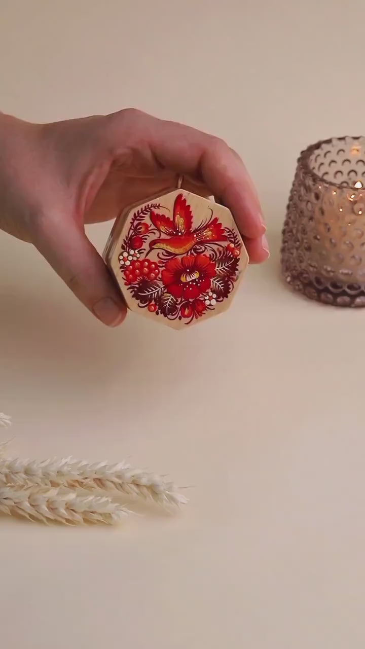 Painted Wooden Hummingbird Box - Handmade Ukrainian Petrykivka Box, Red Flower Octagon Jewelry Box, Small Flocked Interior Keepsake Box