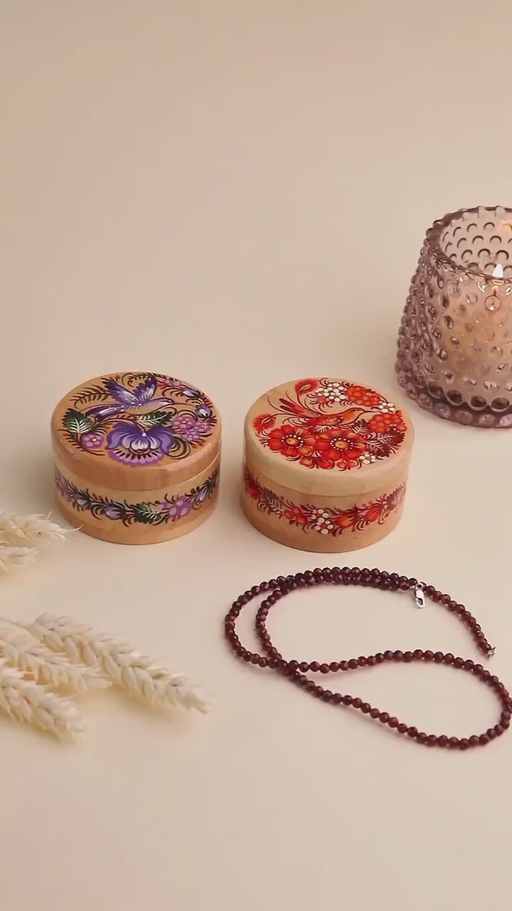 Painted Wooden Hummingbird Jewelry Box - Ukrainian Petrykivka Art Small Wooden Box with Lid - Handmade Purple Bird and Flower Box