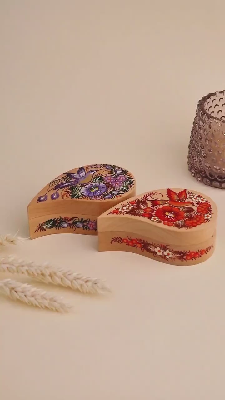 Painted Wooden Hummingbird Jewelry Box - Handmade Ukrainian Petrykivka Box, Purple Flower Leaf-shaped Box, Small Flocked Keepsake Box