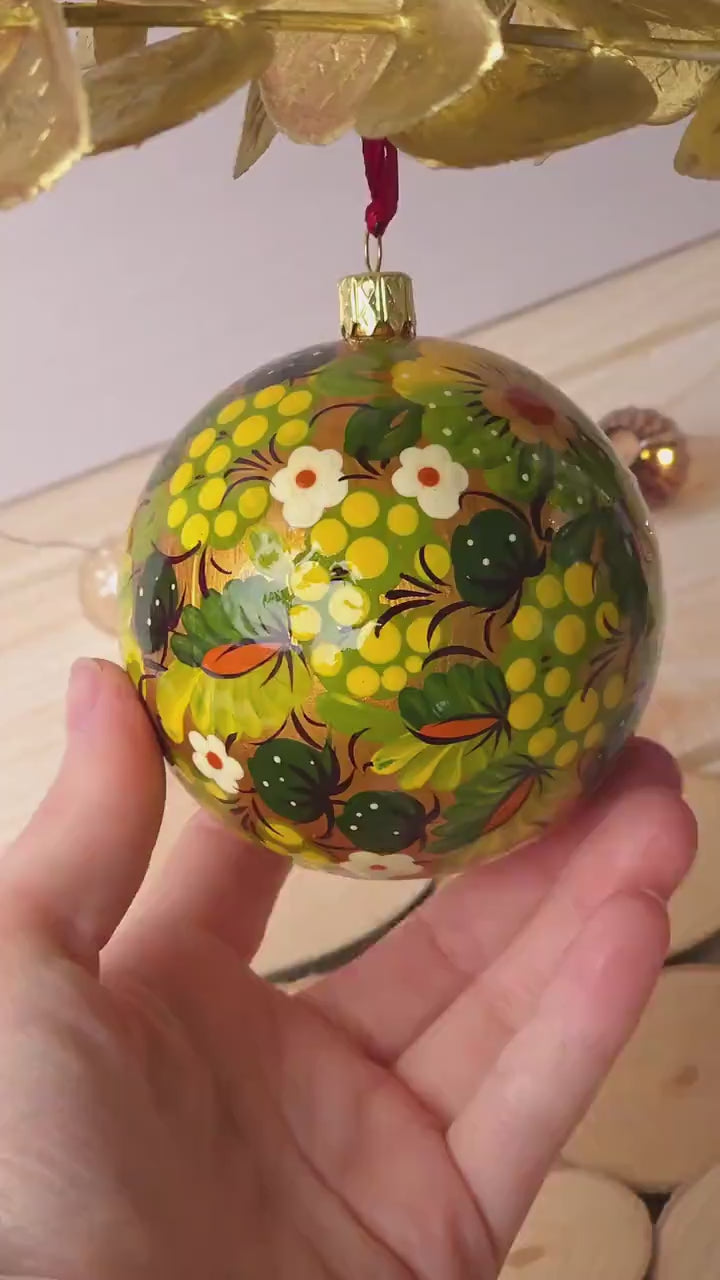 Hand-painted Ukrainian Christmas Ball Ornament 3.14 in - Handmade Petrykivka Art Green & Golden Flower Christmas Tree Decoration