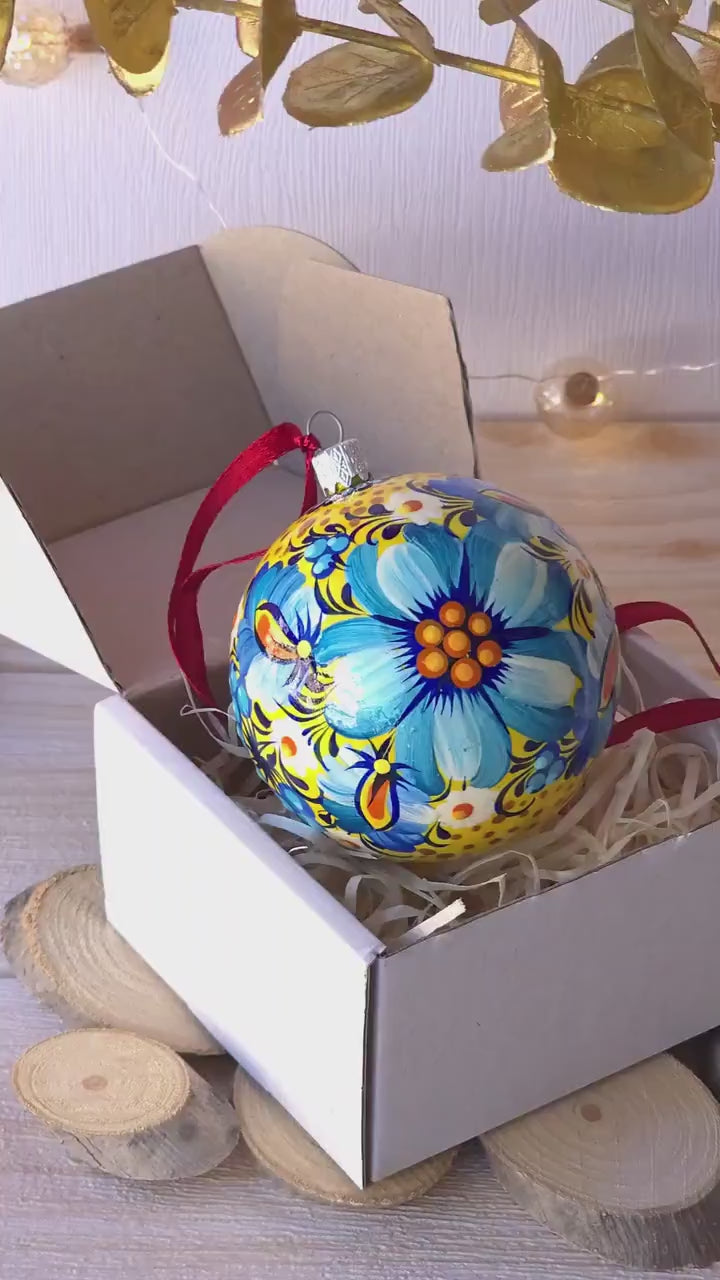 Hand-painted Ukrainian Blue Flower Christmas Ball Ornament 3.14 in - Handmade Petrykivka Art Ukrainian Christmas Tree Decoration