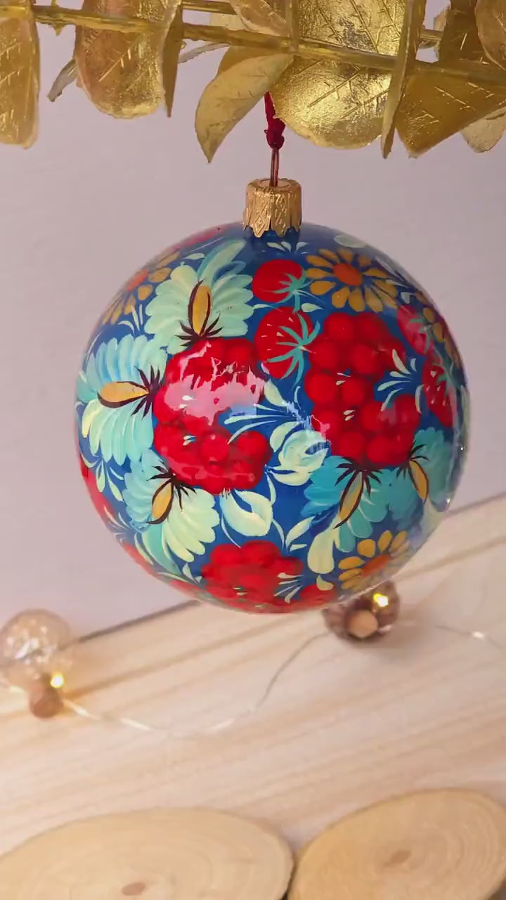 Hand-painted Ukrainian Christmas Ball Ornament 3.14 in - Handmade Petrykivka Blue & Red Flower Hanging Ornament, Christmas Tree Decoration