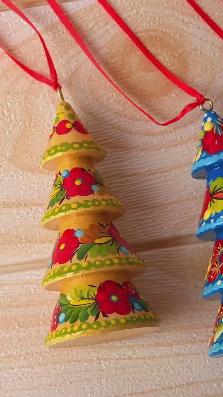 Hand-painted Wooden Christmas Tree-Shaped Ornament - Handmade Ukrainian Petrykivka Art Christmas Decoration, Red & Blue Dimensional Tree
