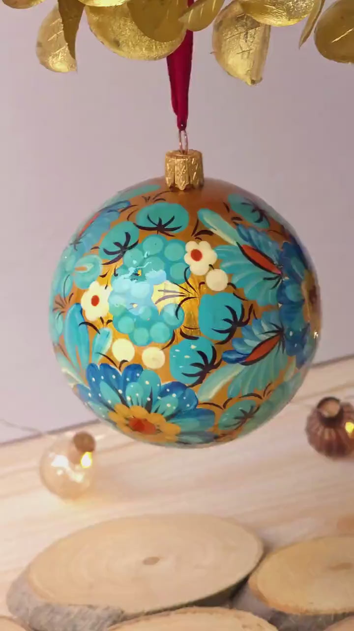Hand-painted Ukrainian Christmas Ball Ornament 3.14 in - Handmade Petrykivka Art Blue Flower Christmas Tree Decoration