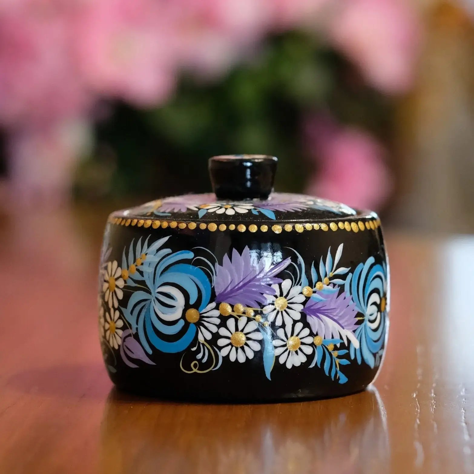 Small Wooden Jewelry Box Hand-painted with Petrykivka Art - Handmade Blue Flower Box