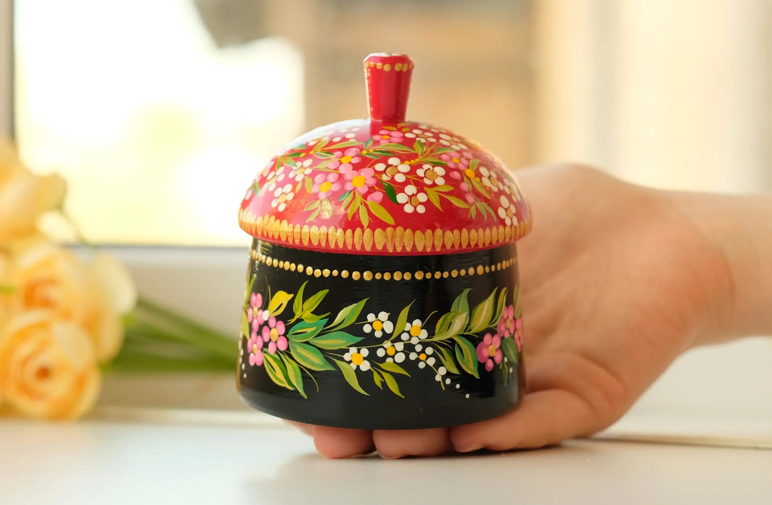 Hand-painted House Shaped Wooden Jewelry Box 3.9 in - Petrykivka Art, Red Flower Woodworking Jewelry Box
