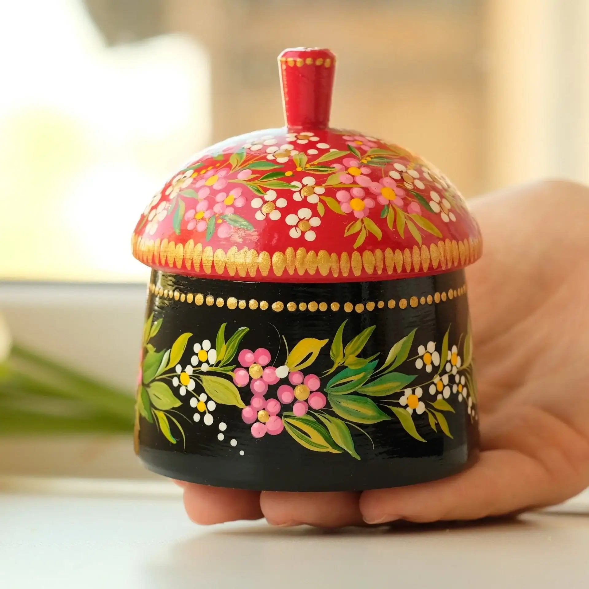 Hand-painted House Shaped Wooden Jewelry Box 3.9 in - Petrykivka Art, Red Flower Woodworking Jewelry Box