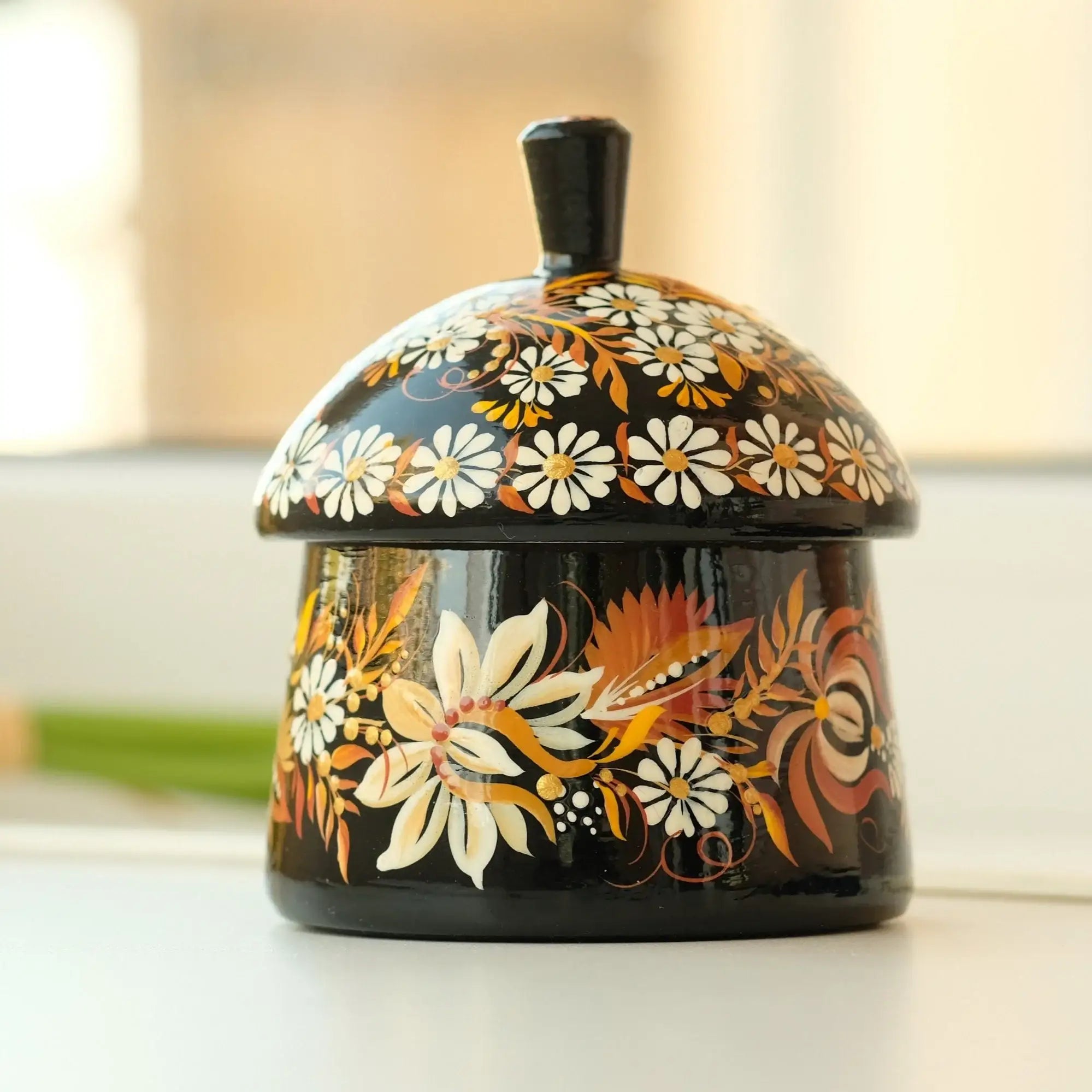 Hand-painted Wooden House Shaped Jewelry Box 3.9 in - Petrykivka Art, Beige Flower Woodworking Jewelry Box