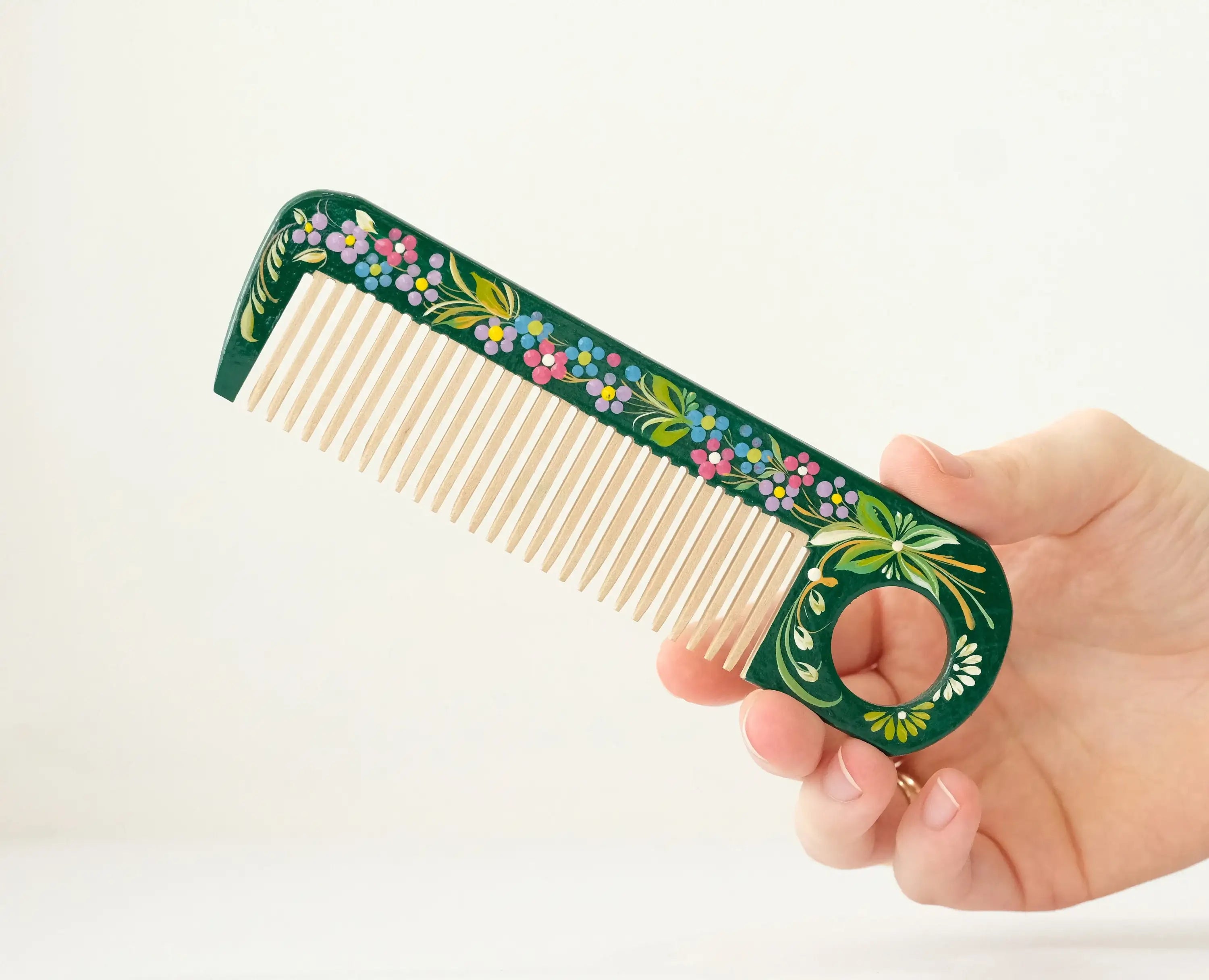 Painted Wooden Emerald Green Hair Comb - Pocket-Sized, Handmade with Petrykivka Art