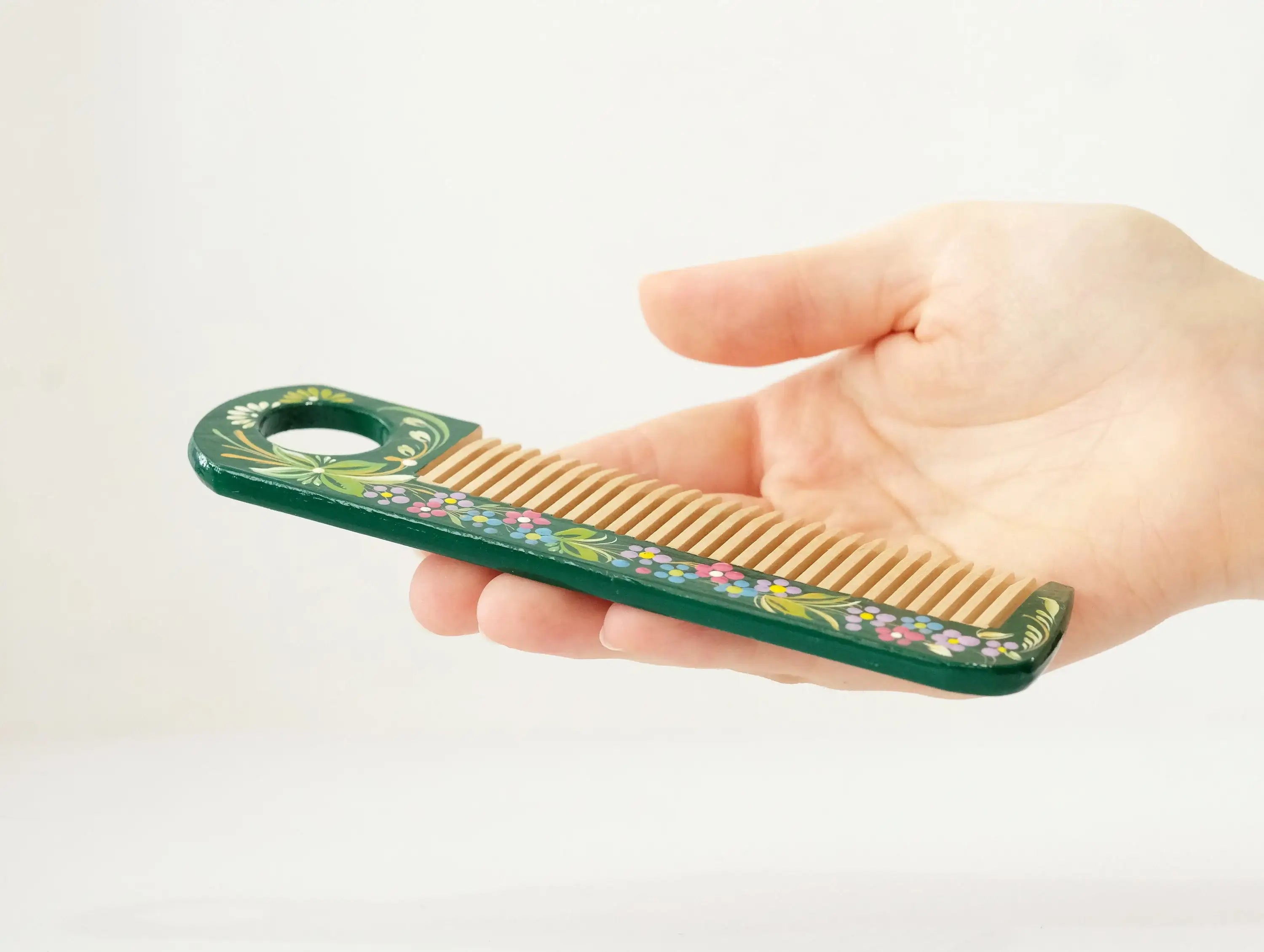 Painted Wooden Emerald Green Hair Comb - Pocket-Sized, Handmade with Petrykivka Art