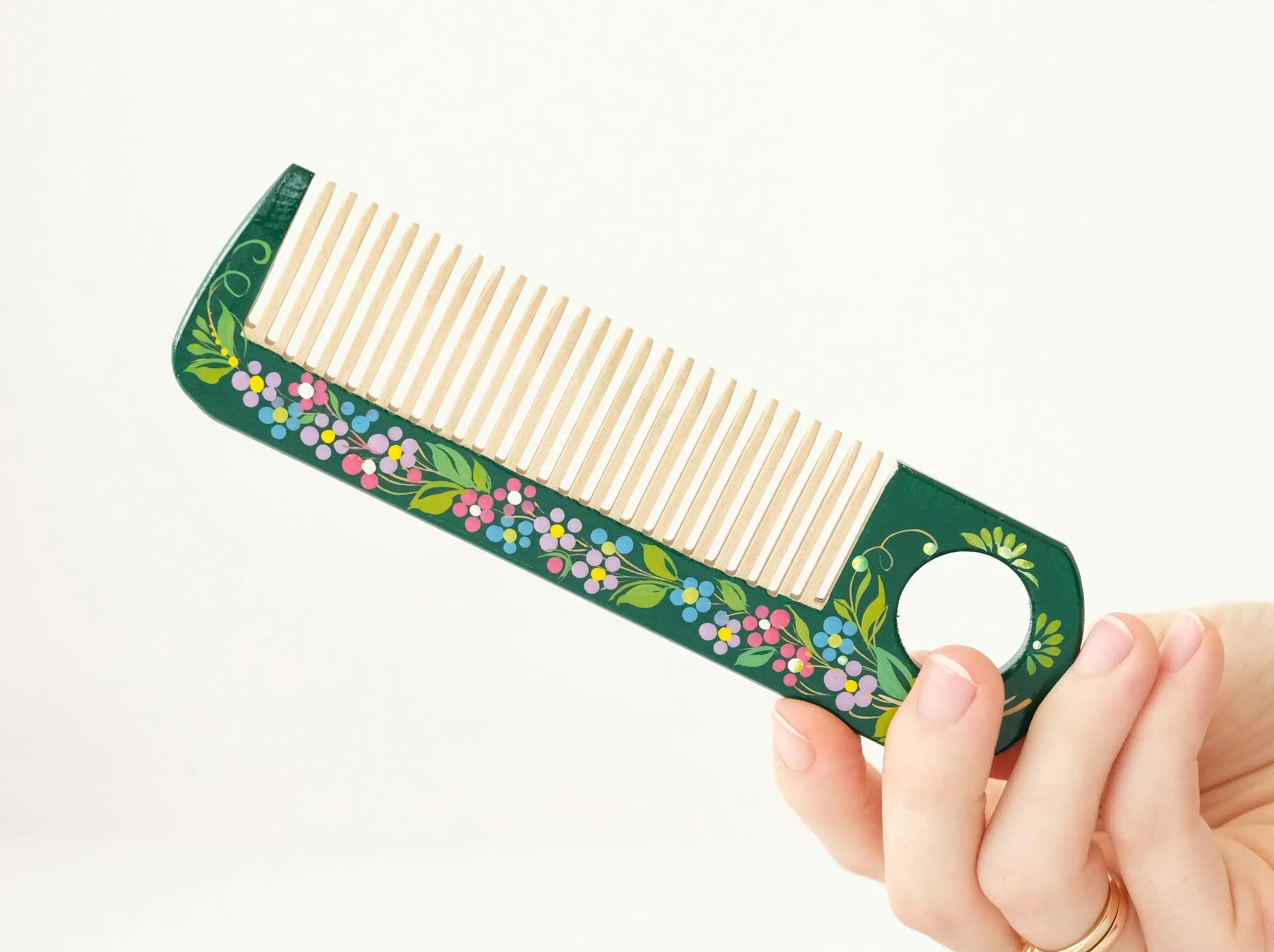 Painted Wooden Emerald Green Hair Comb - Pocket-Sized, Handmade with Petrykivka Art