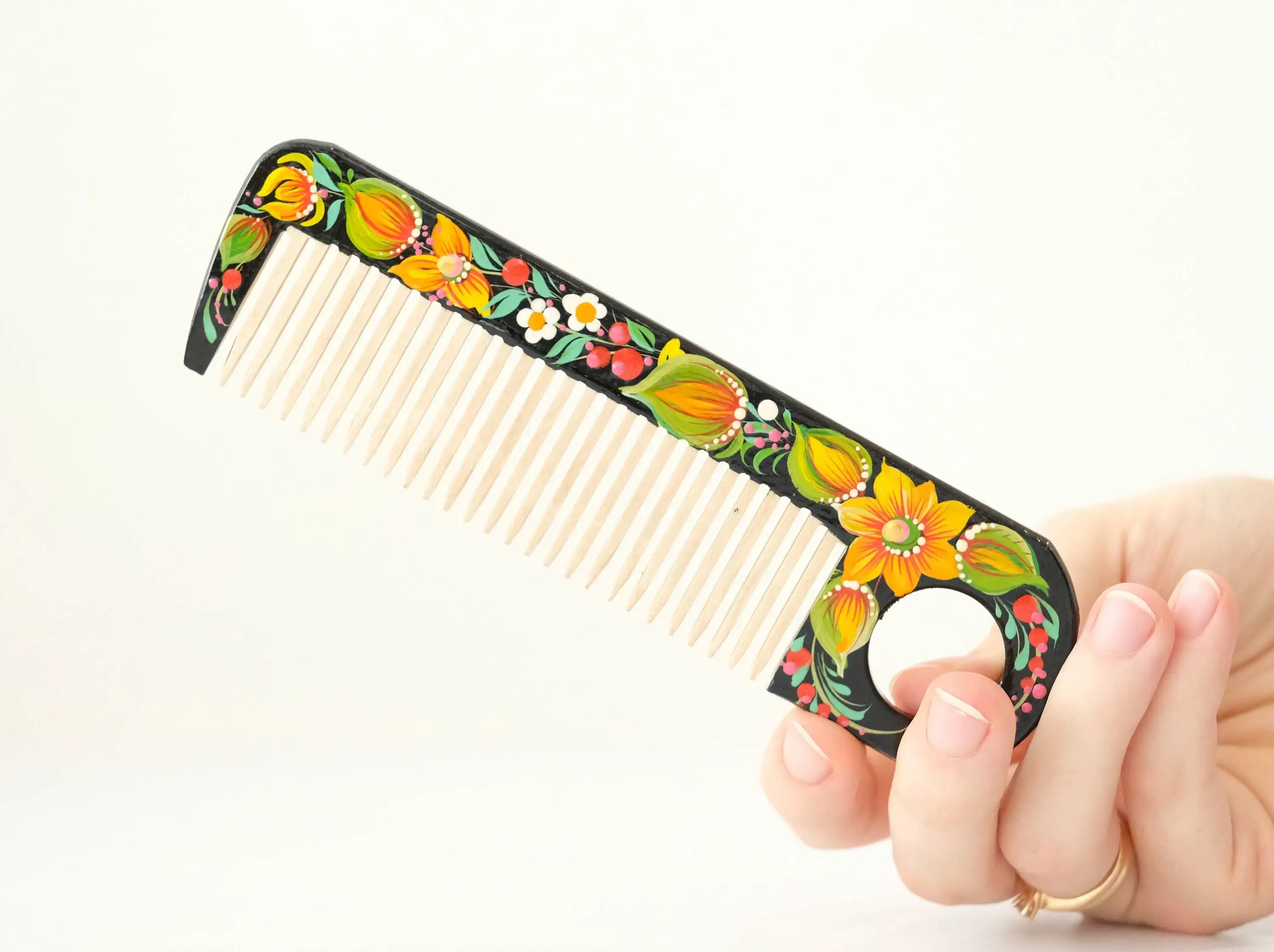 Painted Wooden Sunflower Hair Comb - Pocket-Sized, Handmade with Petrykivka Art