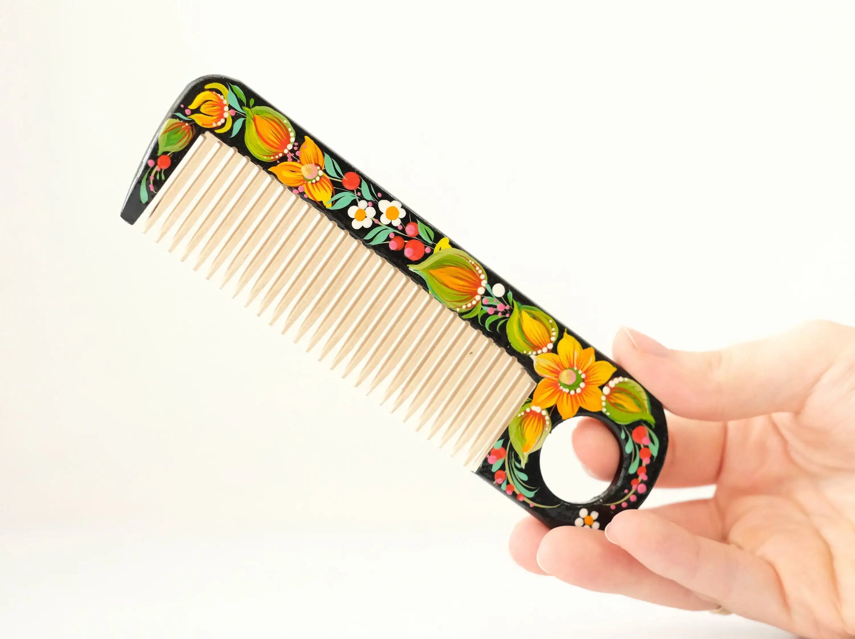 Painted Wooden Sunflower Hair Comb - Pocket-Sized, Handmade with Petrykivka Art