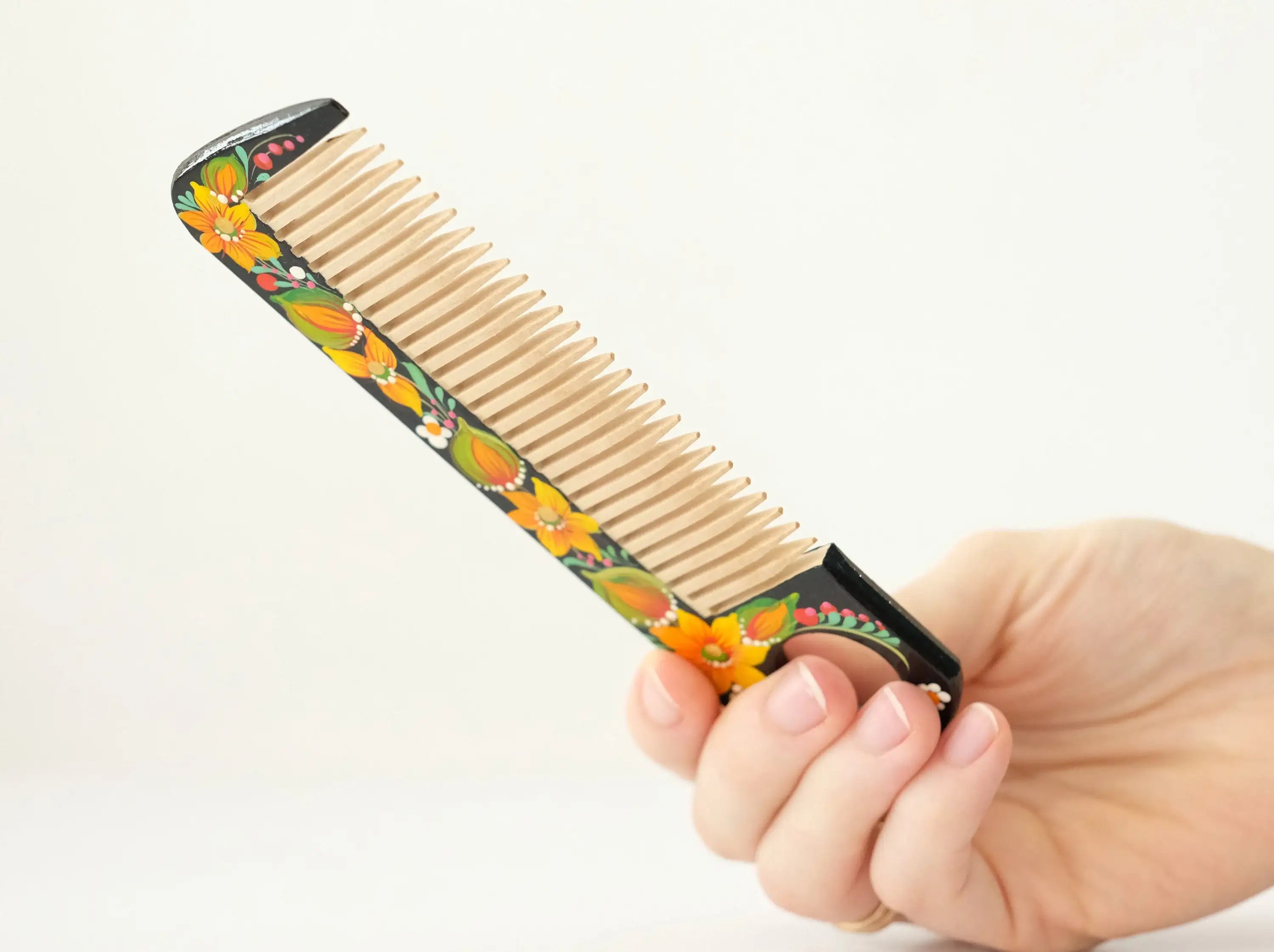 Painted Wooden Sunflower Hair Comb - Pocket-Sized, Handmade with Petrykivka Art