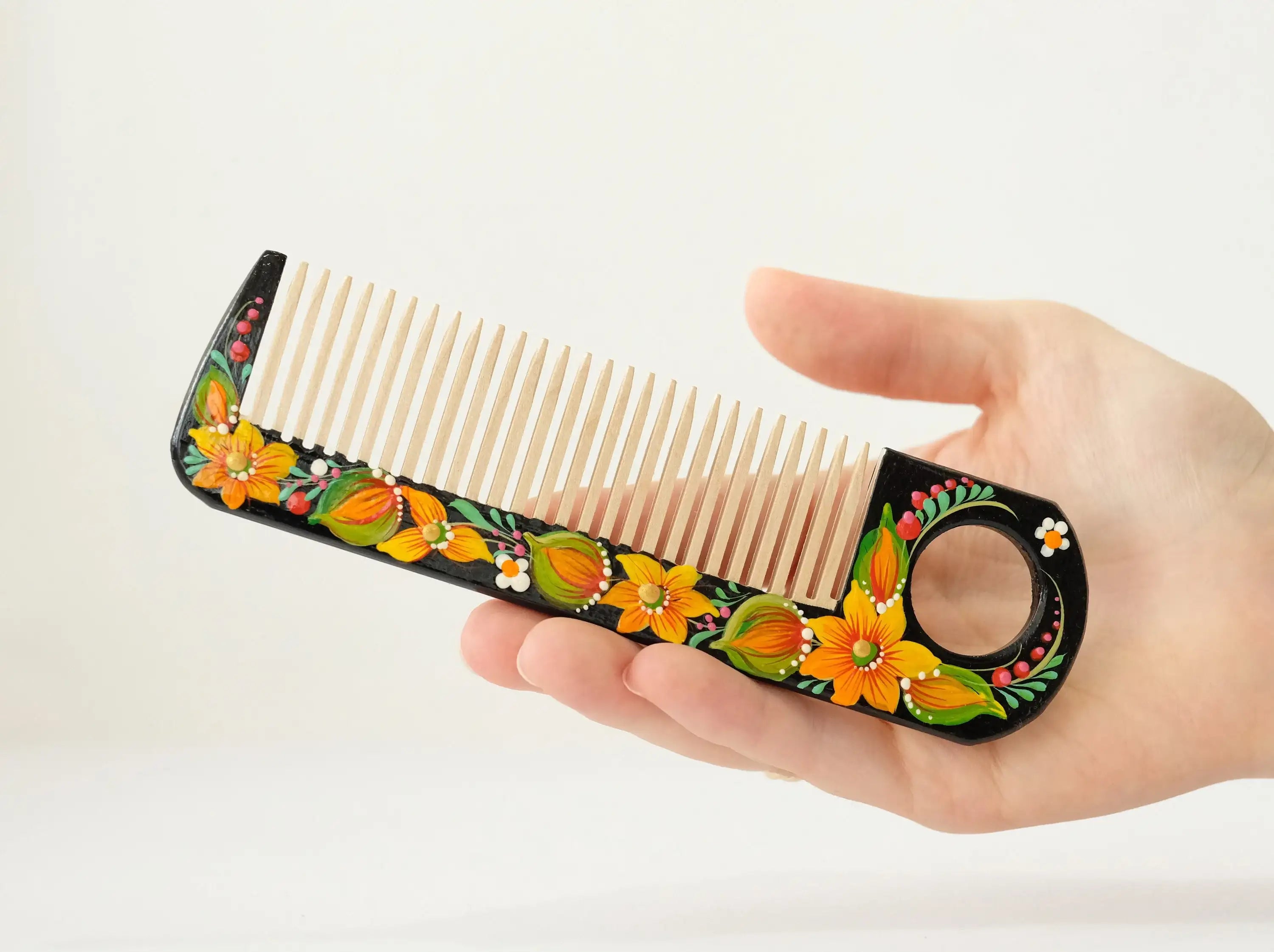 Painted Wooden Sunflower Hair Comb - Pocket-Sized, Handmade with Petrykivka Art