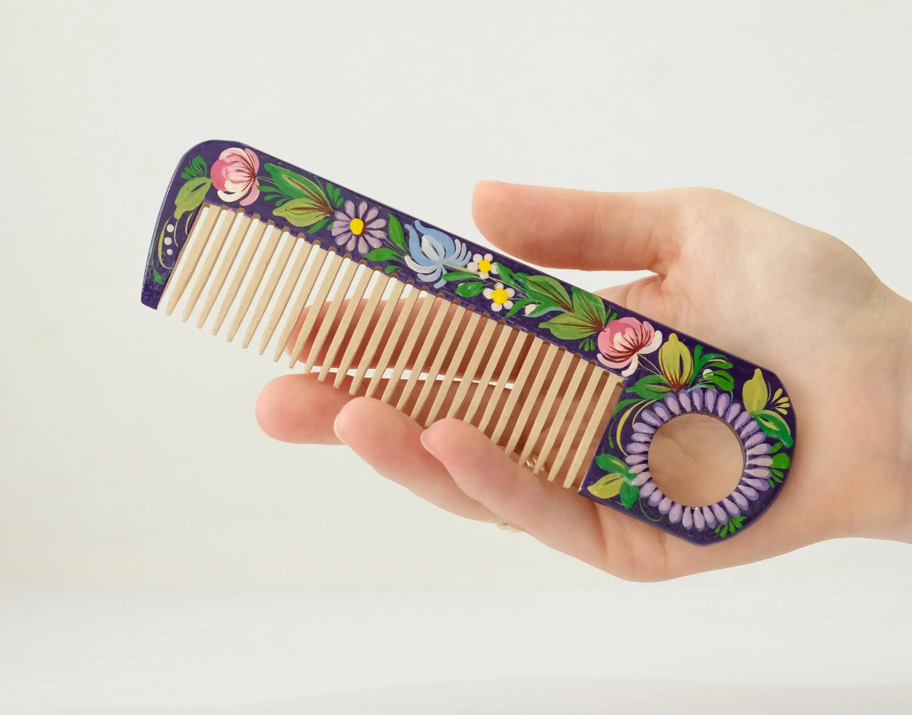 Painted Wooden Perple Flower Hair Comb - Pocket-Sized, Handmade with Petrykivka Art