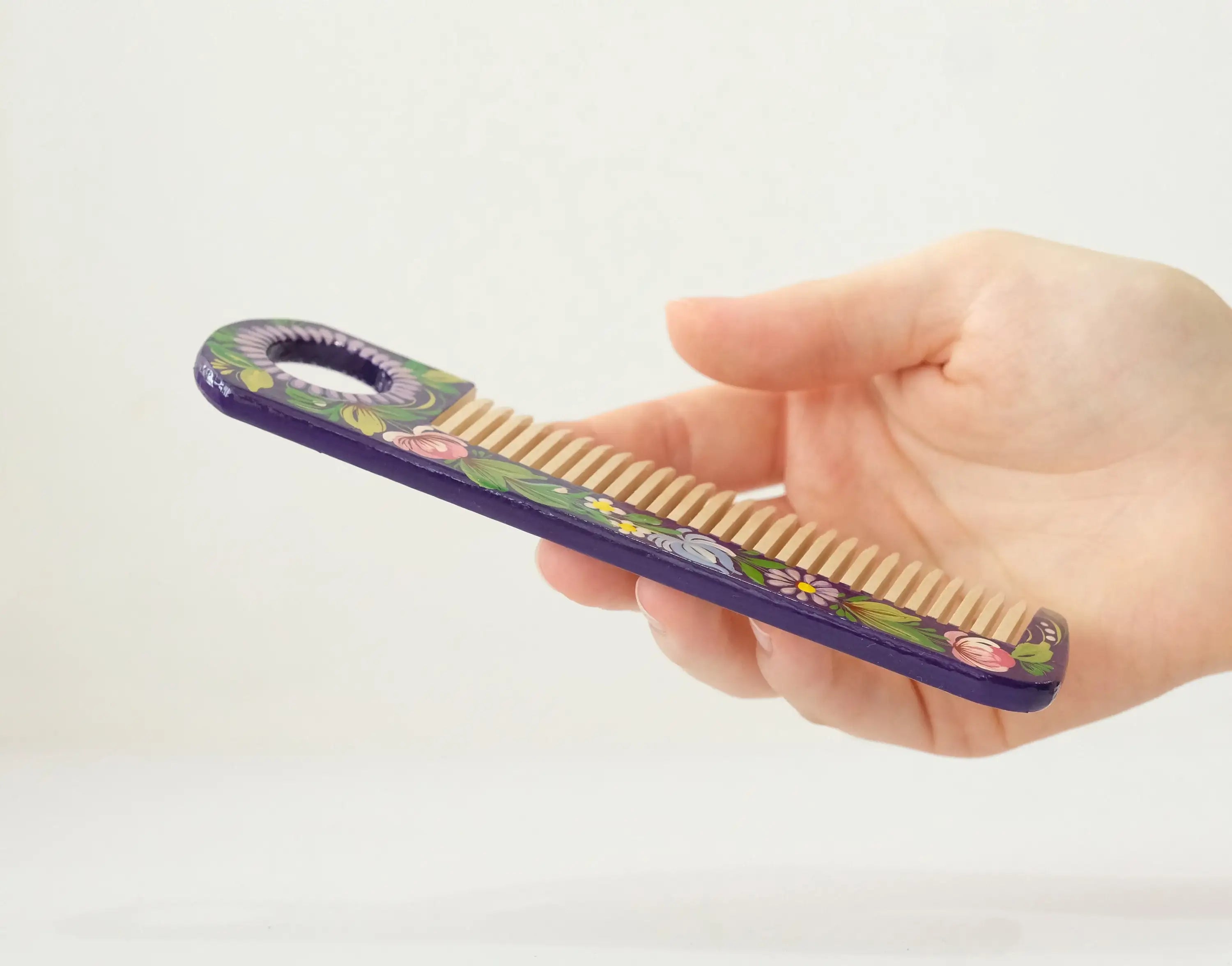 Painted Wooden Perple Flower Hair Comb - Pocket-Sized, Handmade with Petrykivka Art