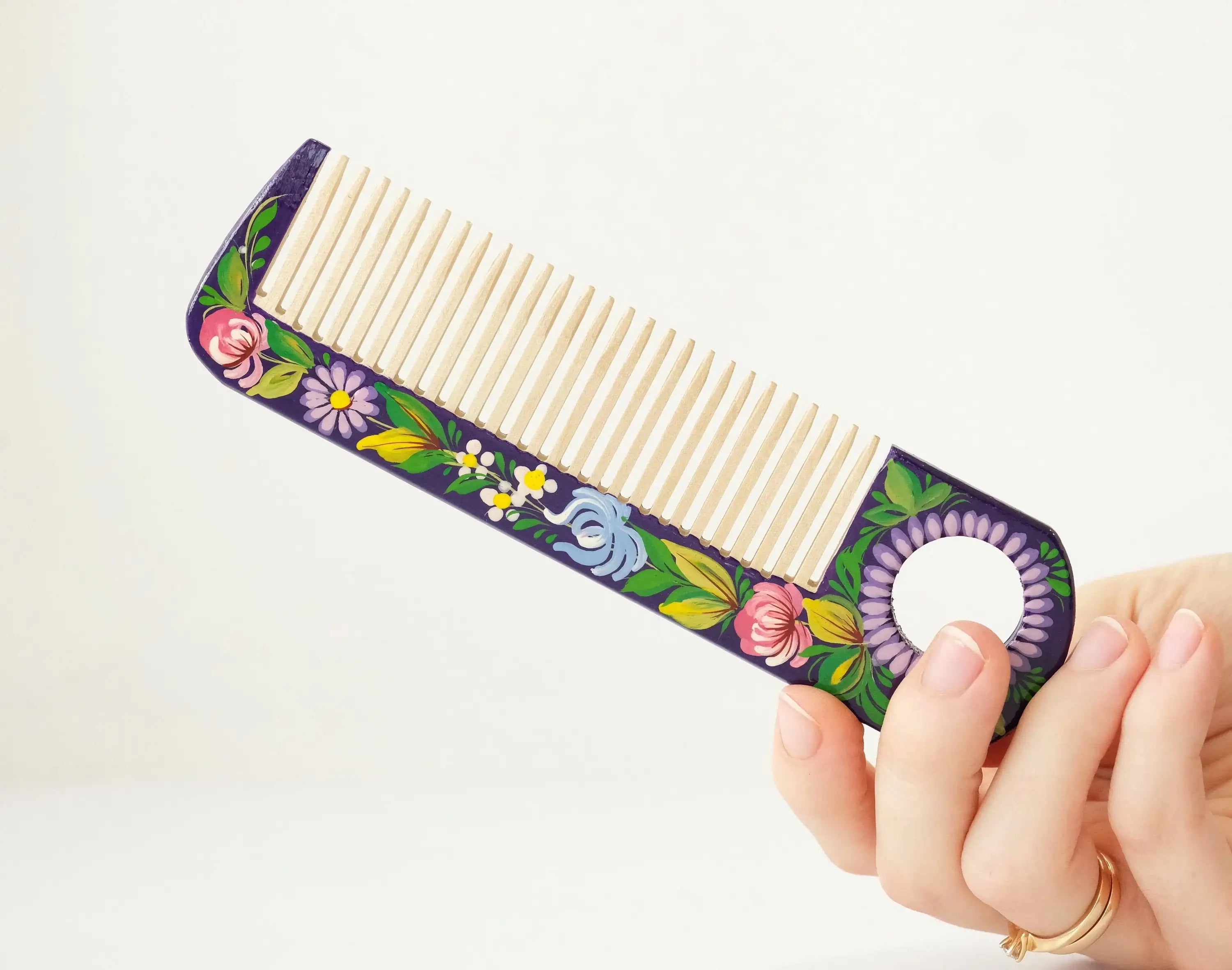 Painted Wooden Perple Flower Hair Comb - Pocket-Sized, Handmade with Petrykivka Art