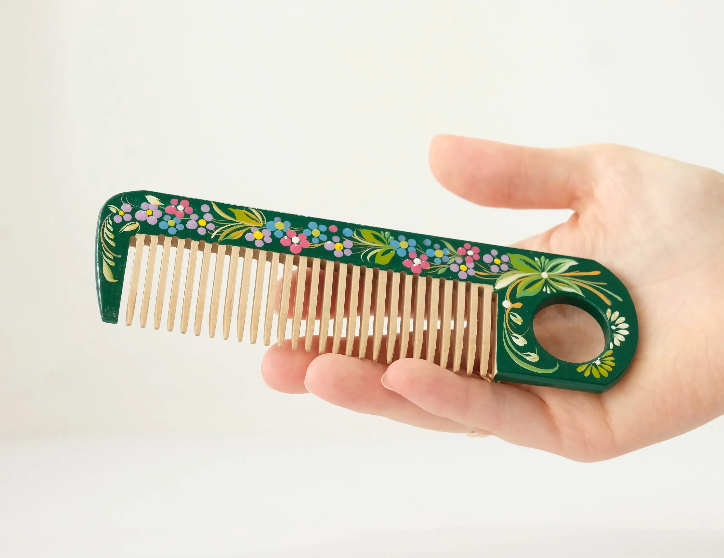 Painted Wooden Emerald Green Hair Comb - Pocket-Sized, Handmade with Petrykivka Art