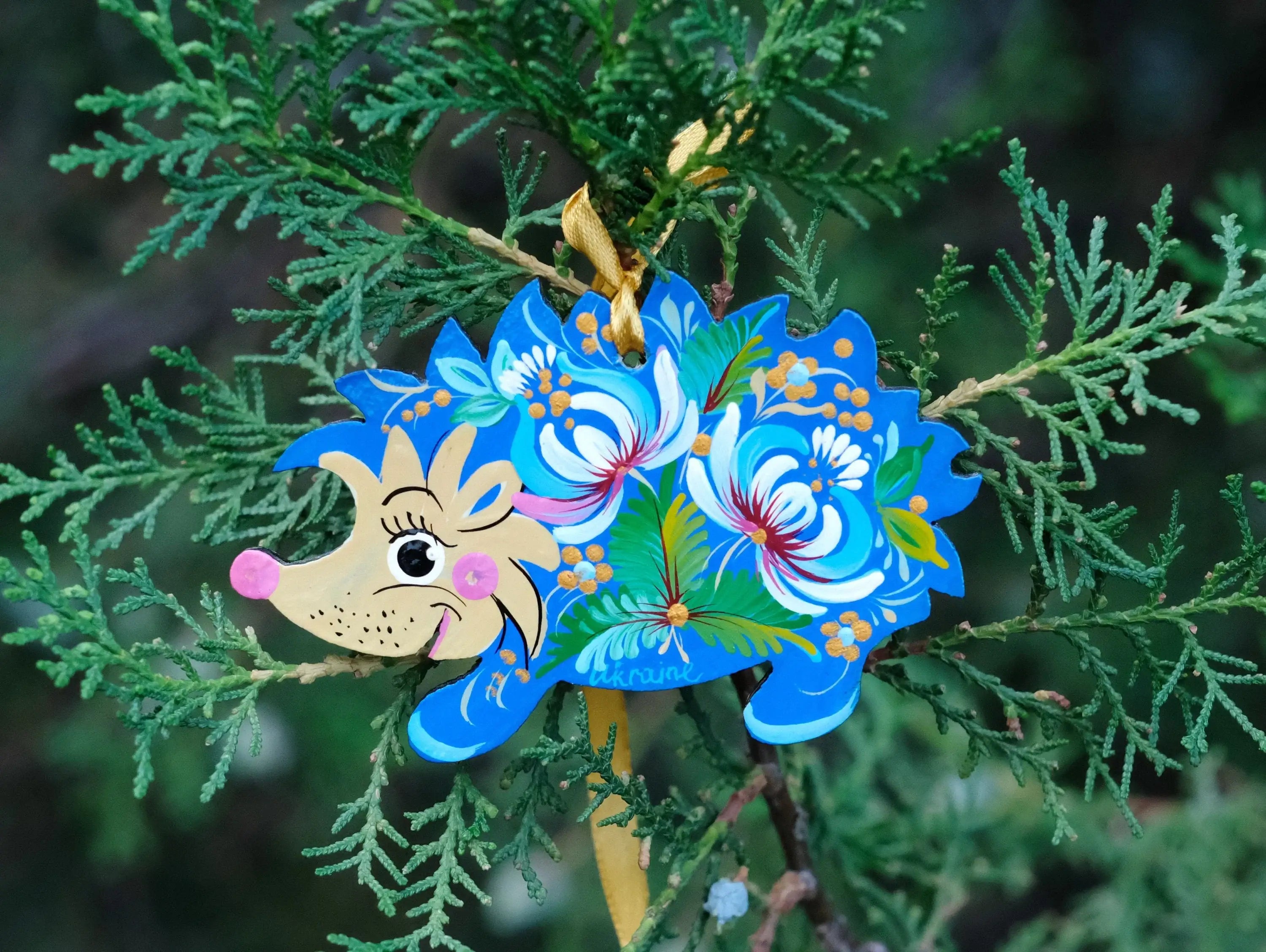 Blue Hedgehog Christmas Ornament Painted on Wood