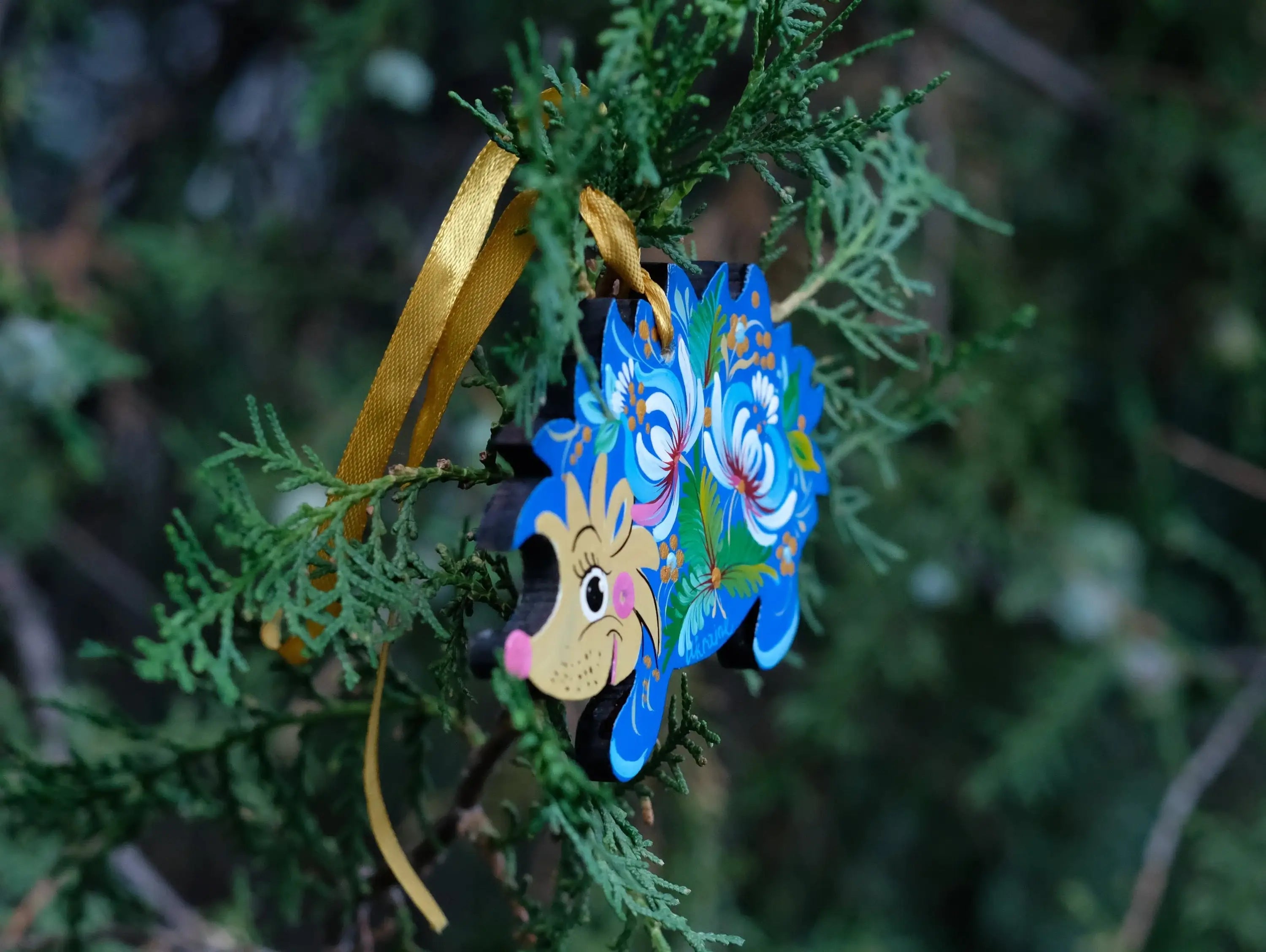 Blue Hedgehog Christmas Ornament Painted on Wood