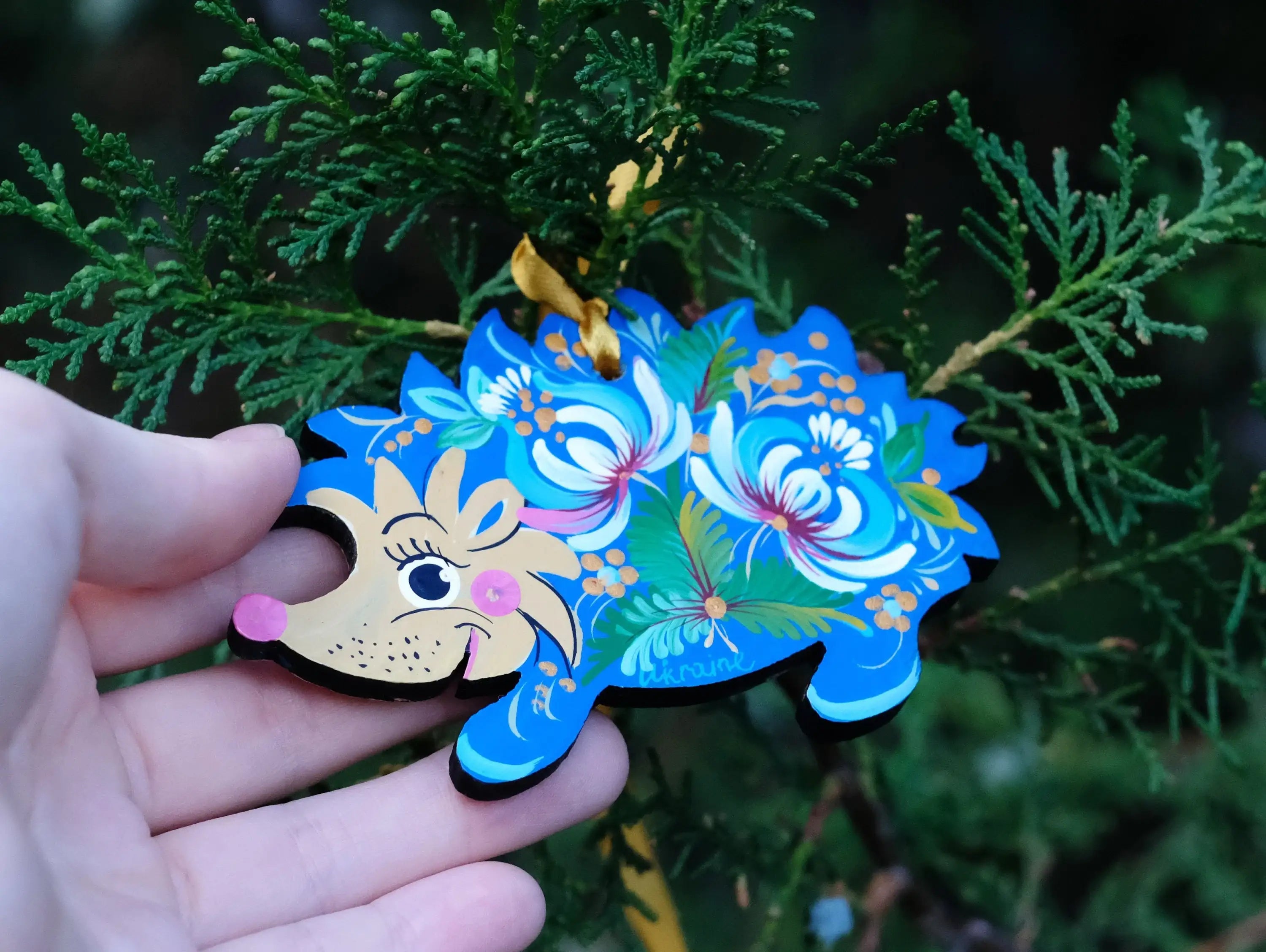 Blue Hedgehog Christmas Ornament Painted on Wood