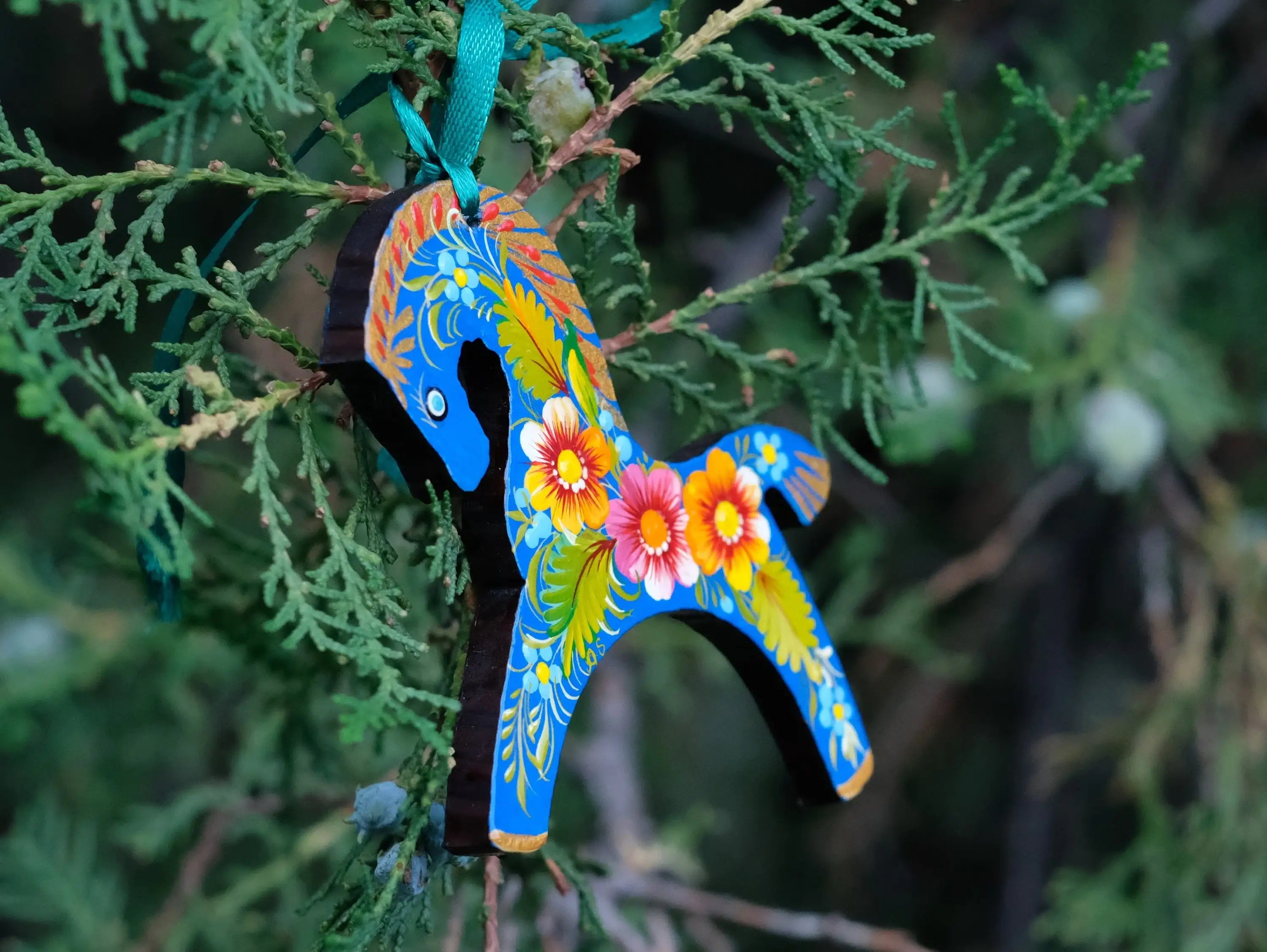Blue Horse Christmas Ornament Painted on Wood