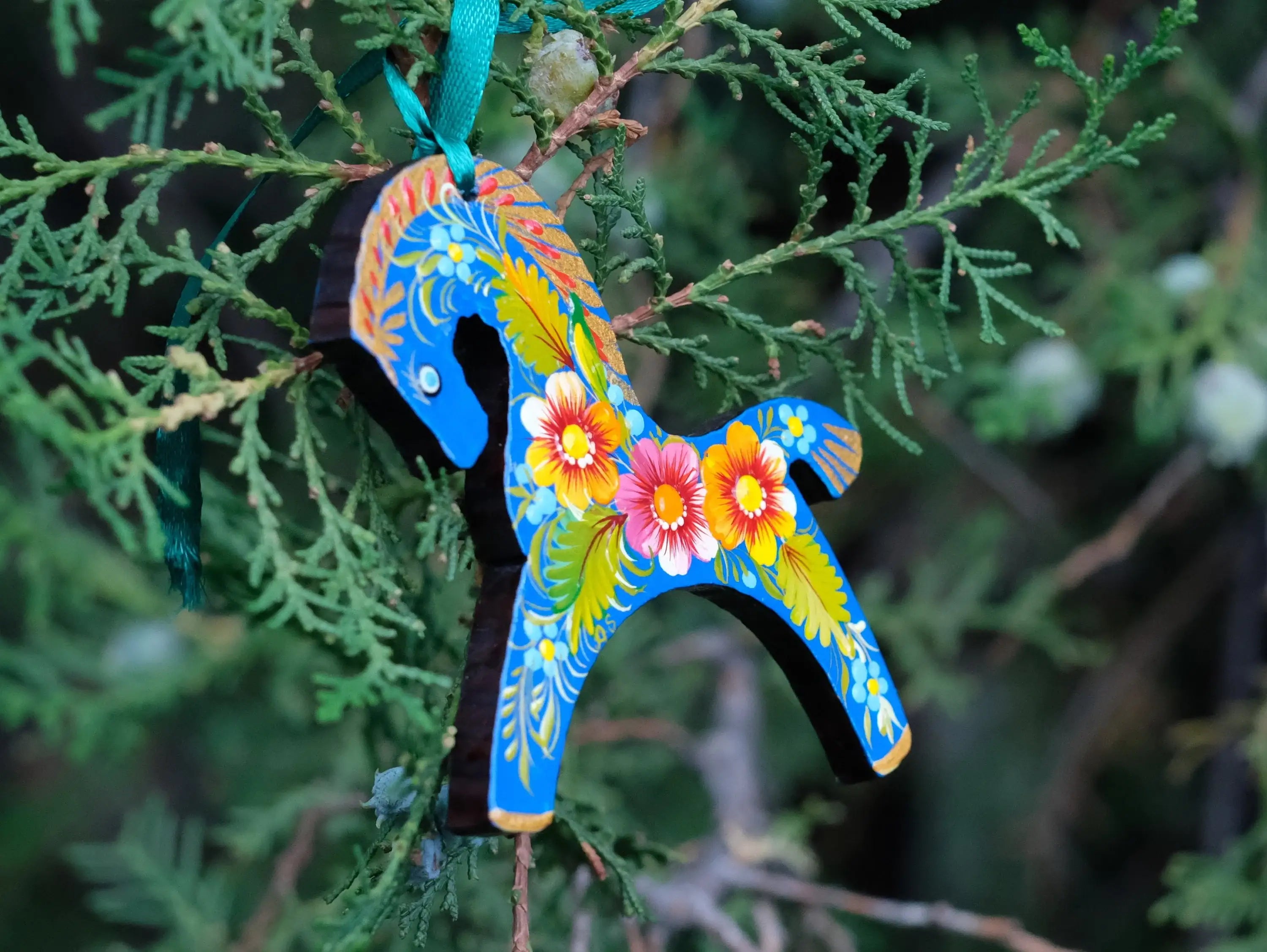 Blue Horse Christmas Ornament Painted on Wood