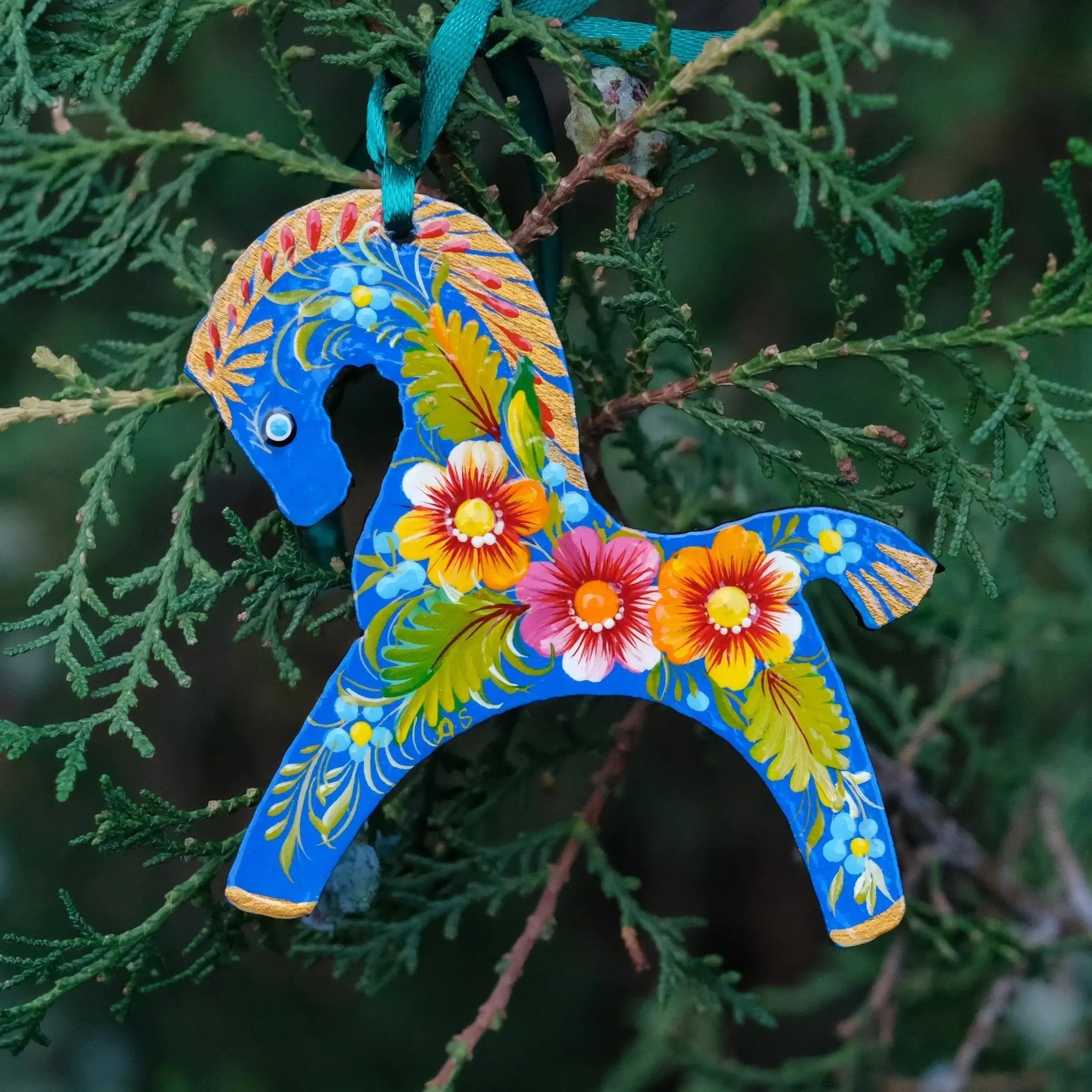 Blue Horse Christmas Ornament Painted on Wood