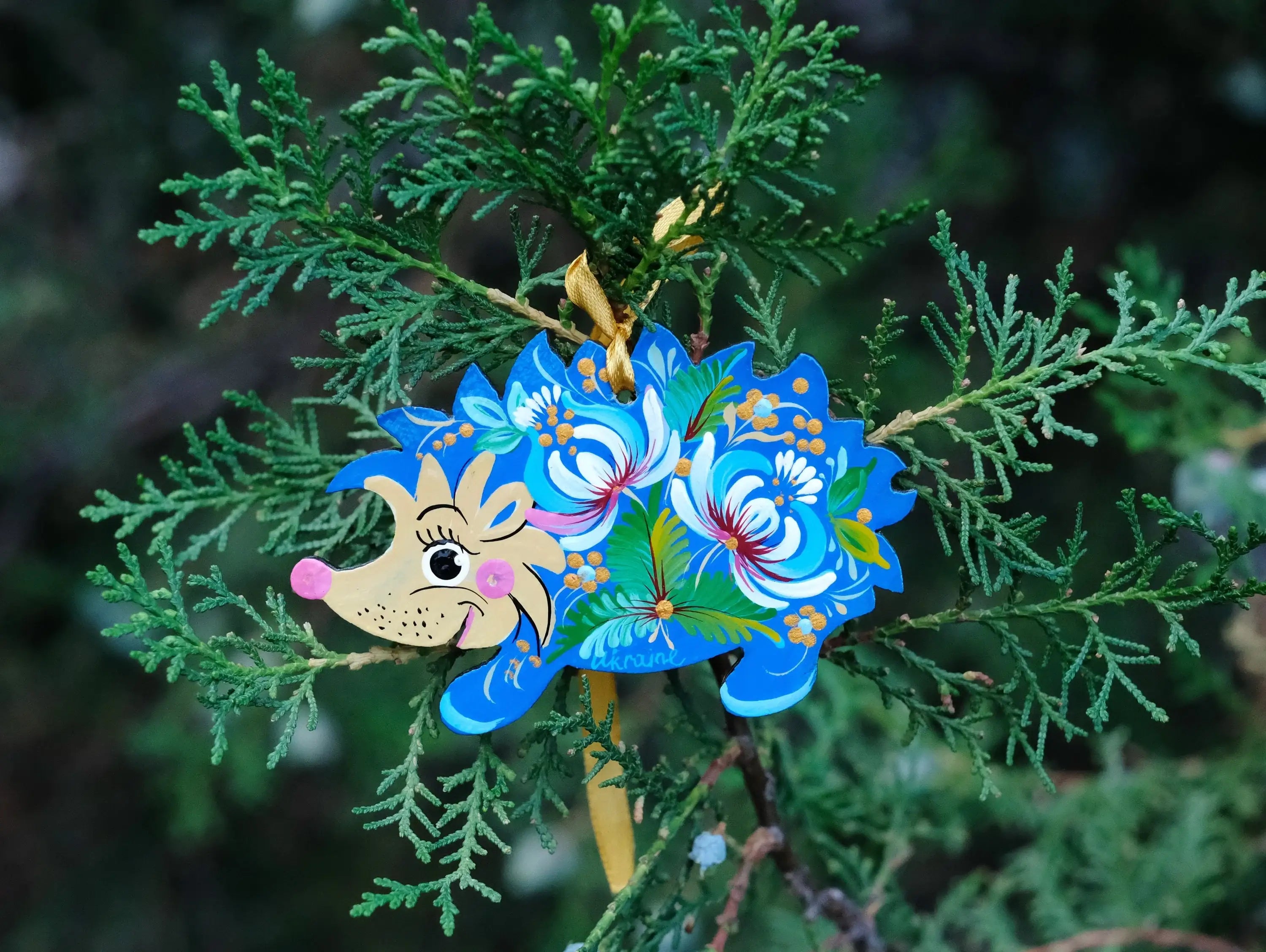 Blue Hedgehog Christmas Ornament Painted on Wood