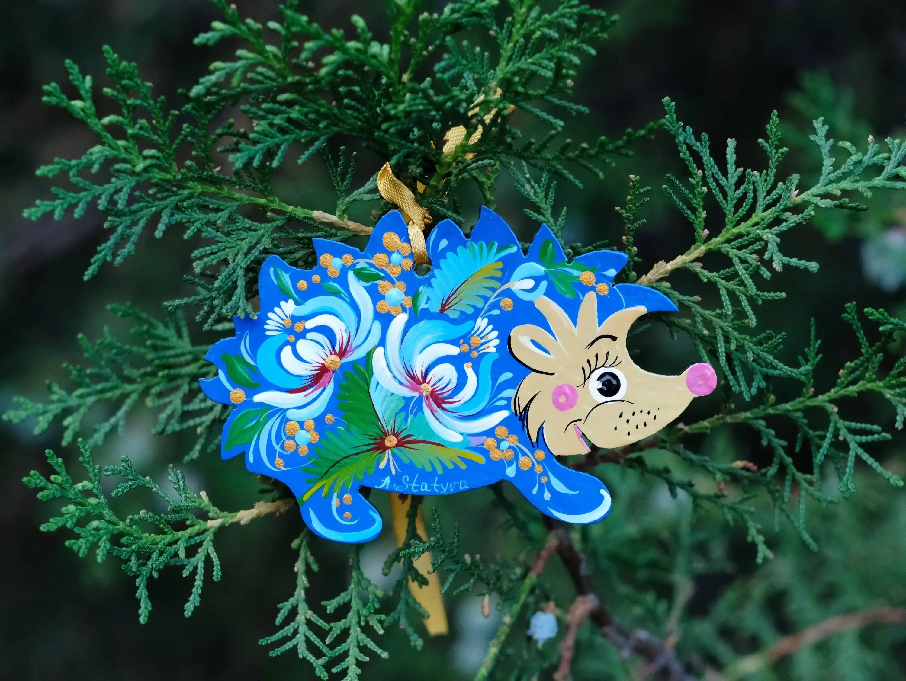 Blue Hedgehog Christmas Ornament Painted on Wood
