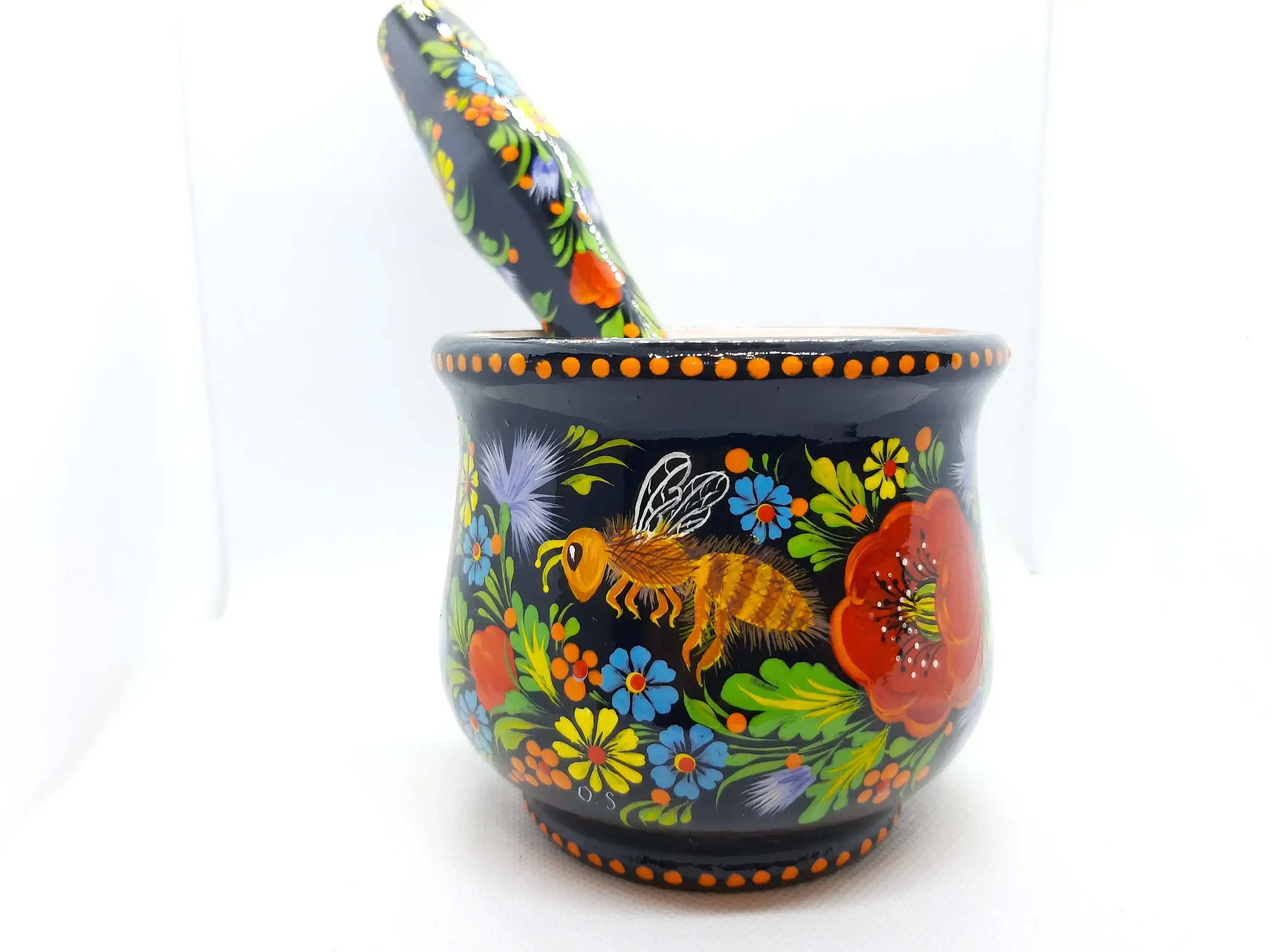 Wooden Bee Mortar and Pestle set - Handpainted Red Flower Grinding Bowl with Ukraine Petrylivka Art