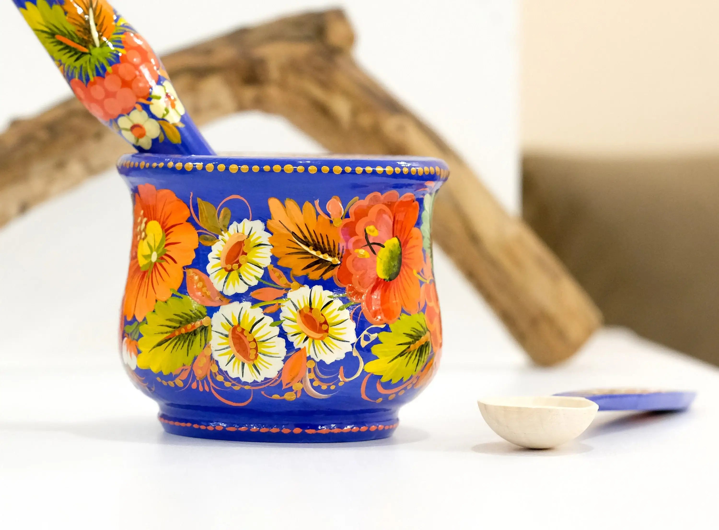 Wooden Painted Mortar and Pestle Set - Artisanal Petrykivka Art Spices Masher with Orange Flowers