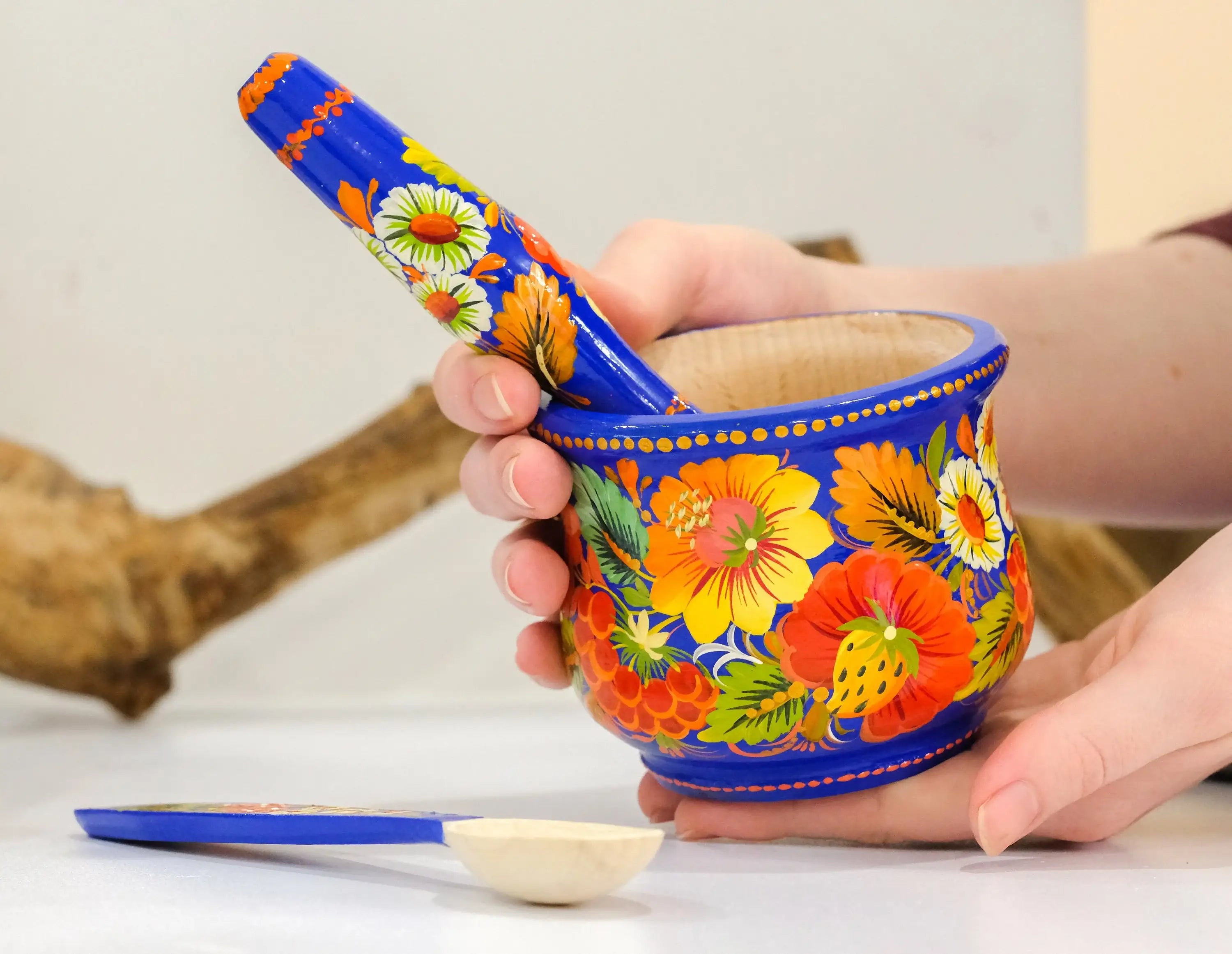 Wooden Painted Mortar and Pestle Set - Artisanal Petrykivka Art Spices Masher with Orange Flowers