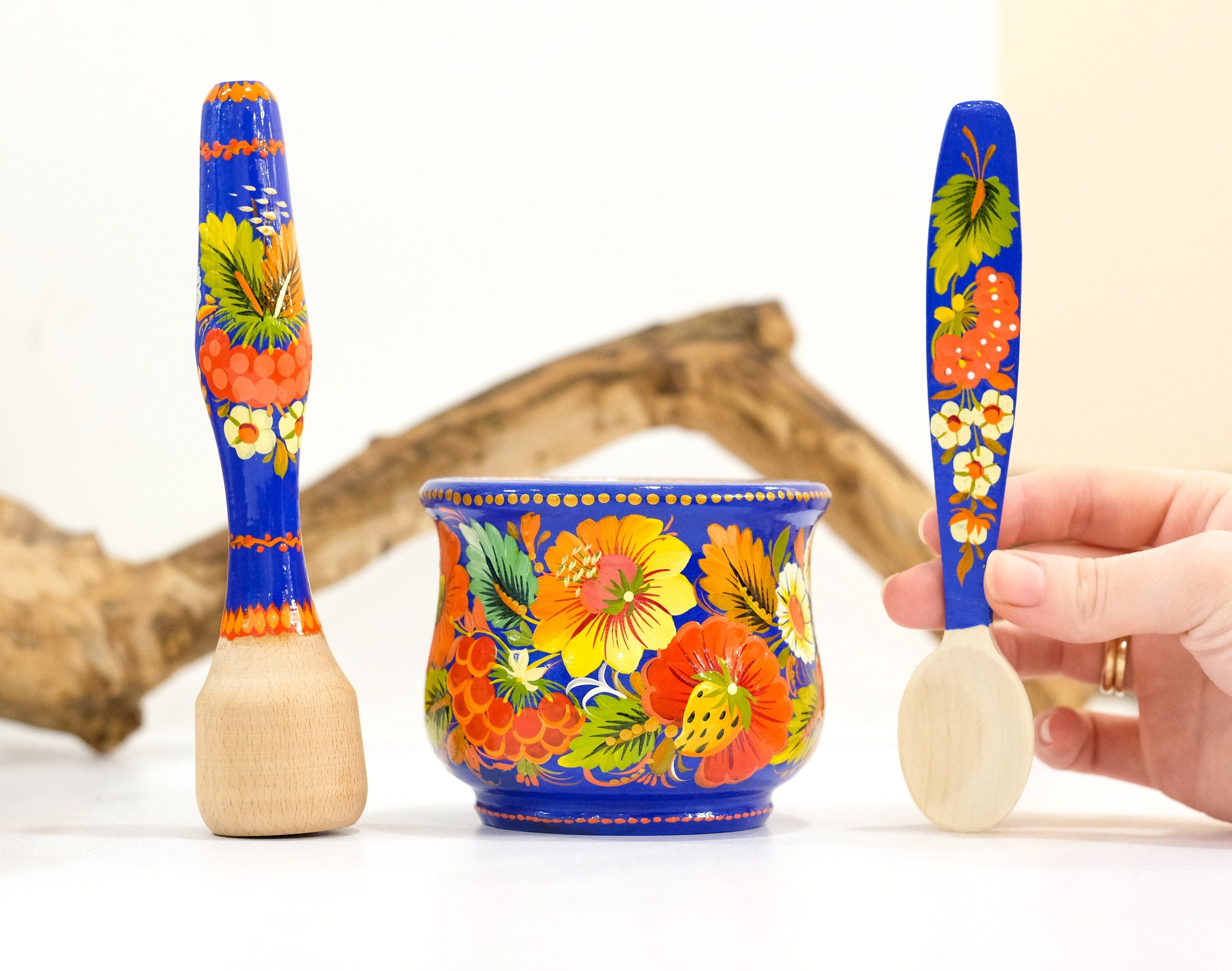 Wooden Painted Mortar and Pestle Set - Artisanal Petrykivka Art Spices Masher with Orange Flowers