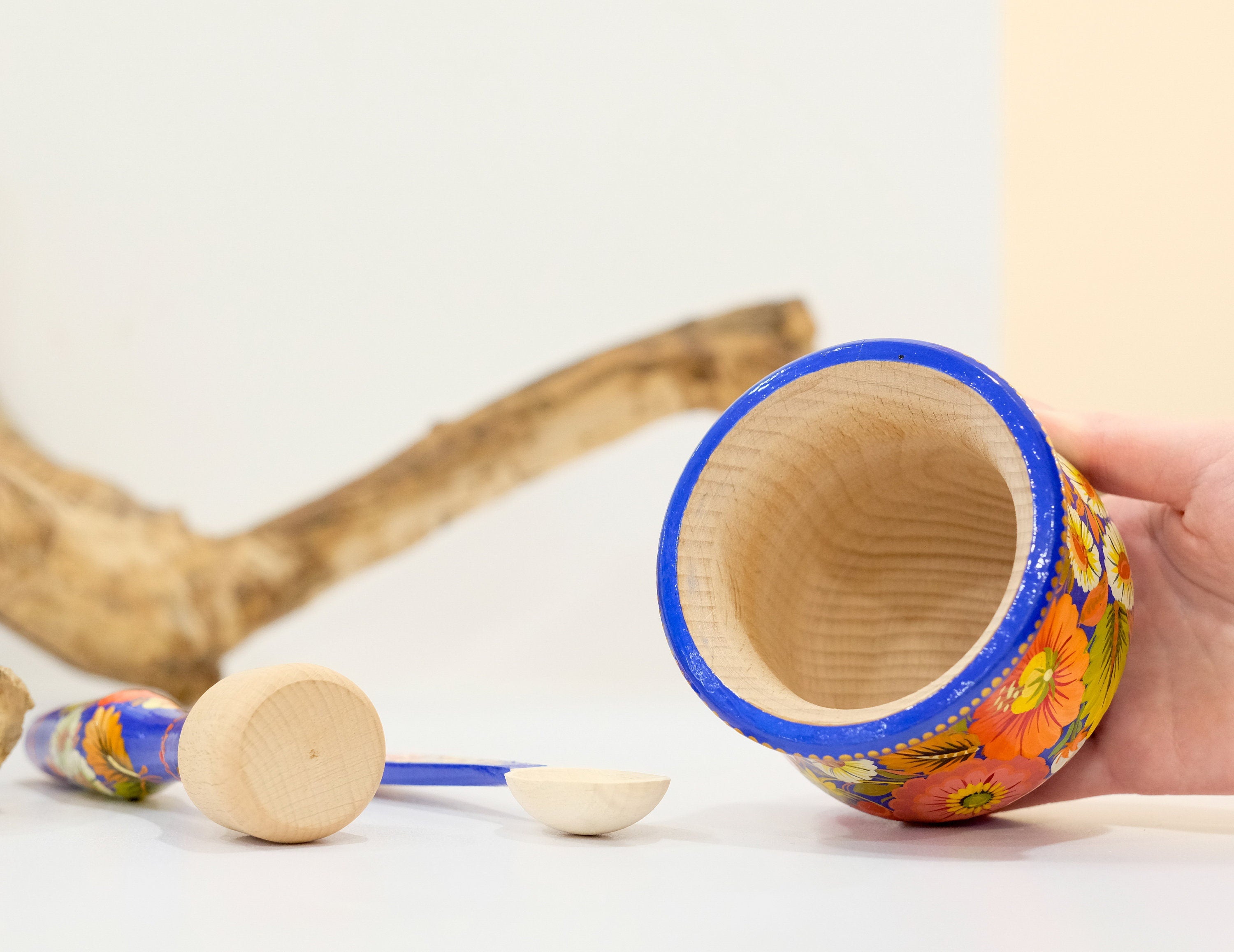 Wooden Painted Mortar and Pestle Set - Artisanal Petrykivka Art Spices Masher with Orange Flowers