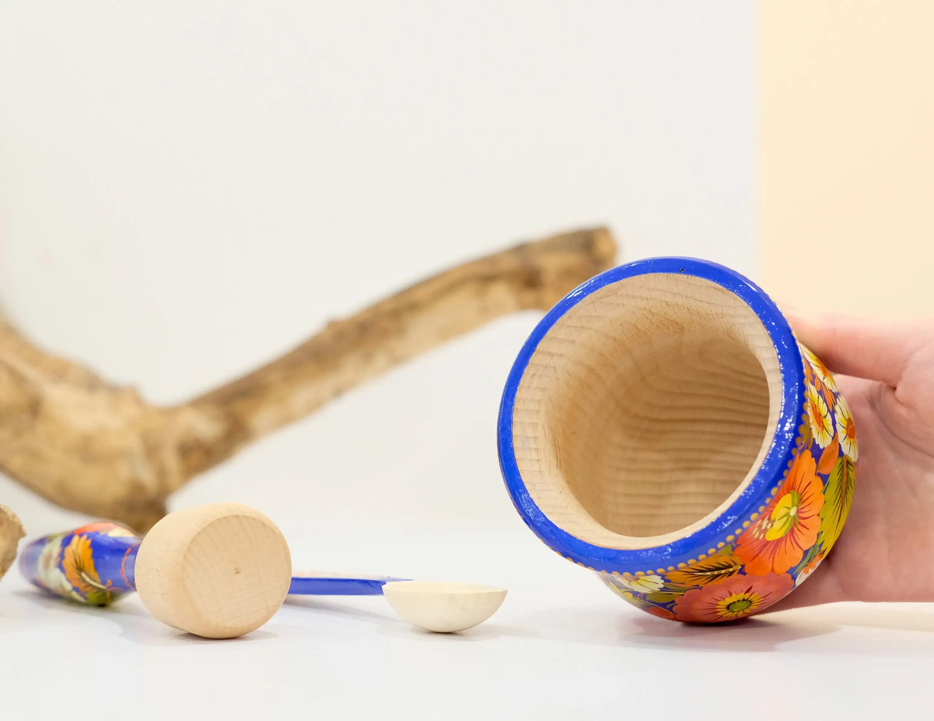 Wooden Painted Mortar and Pestle Set - Artisanal Petrykivka Art Spices Masher with Orange Flowers