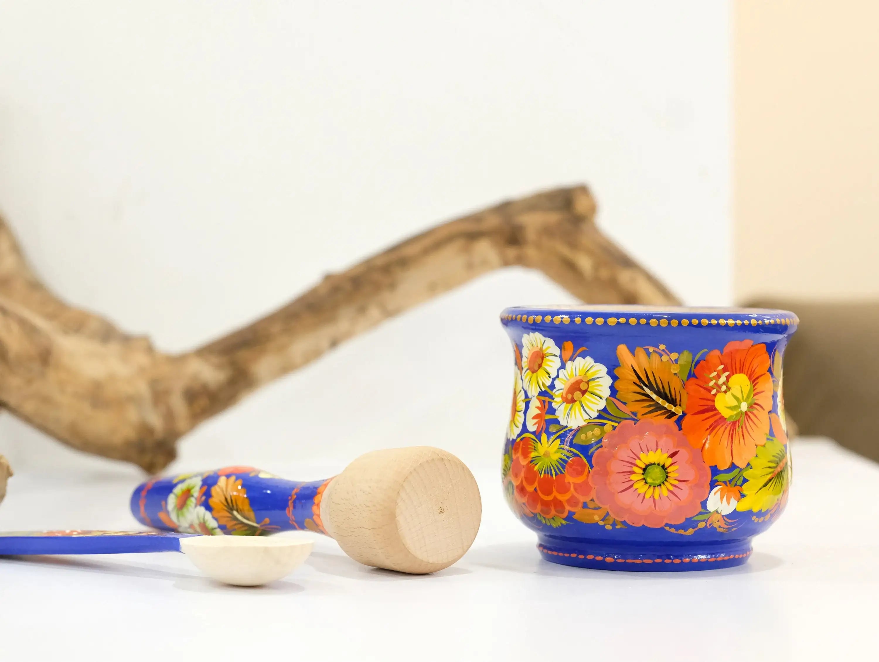Wooden Painted Mortar and Pestle Set - Artisanal Petrykivka Art Spices Masher with Orange Flowers