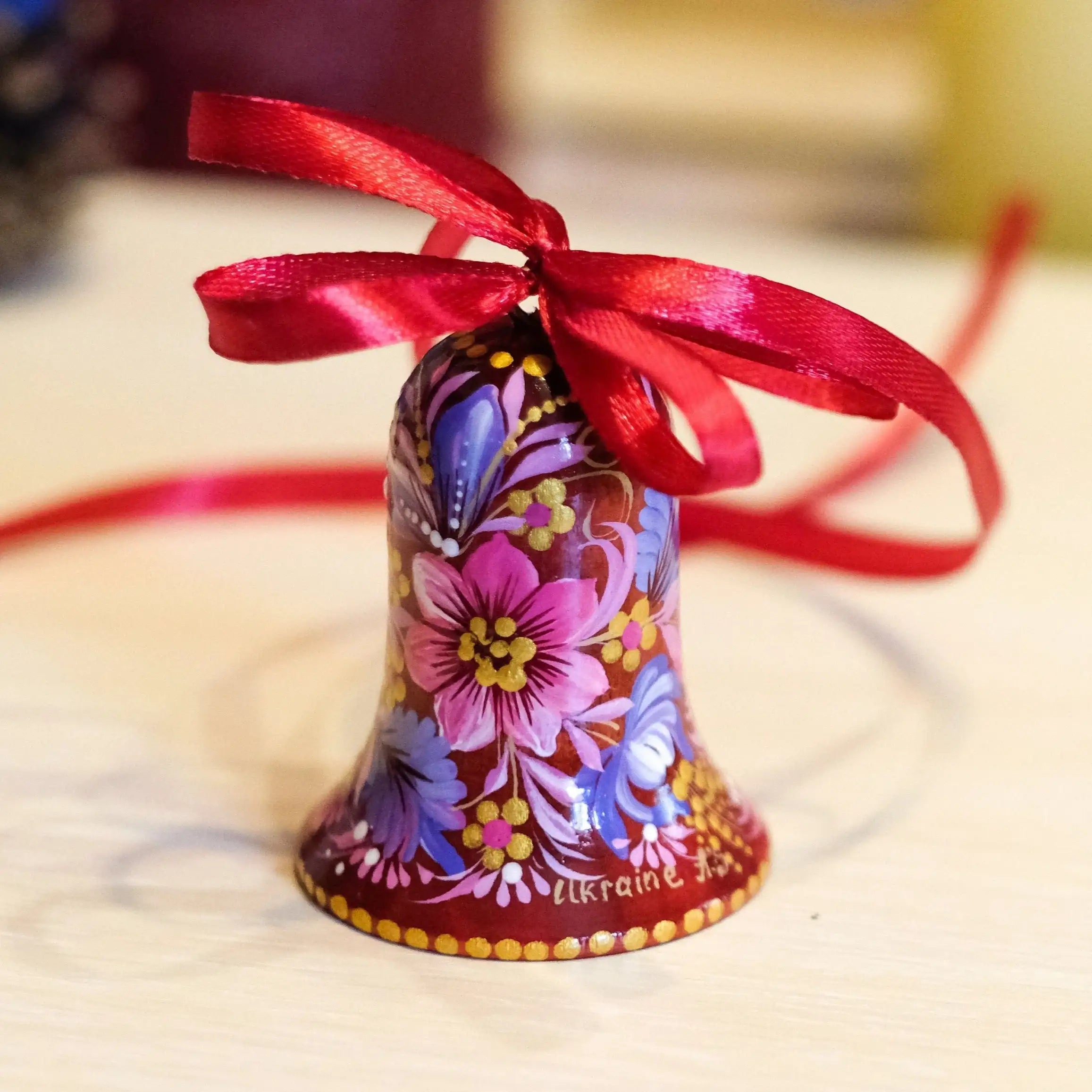 Painted Wooden Red Flower Easter Bell Ornament
