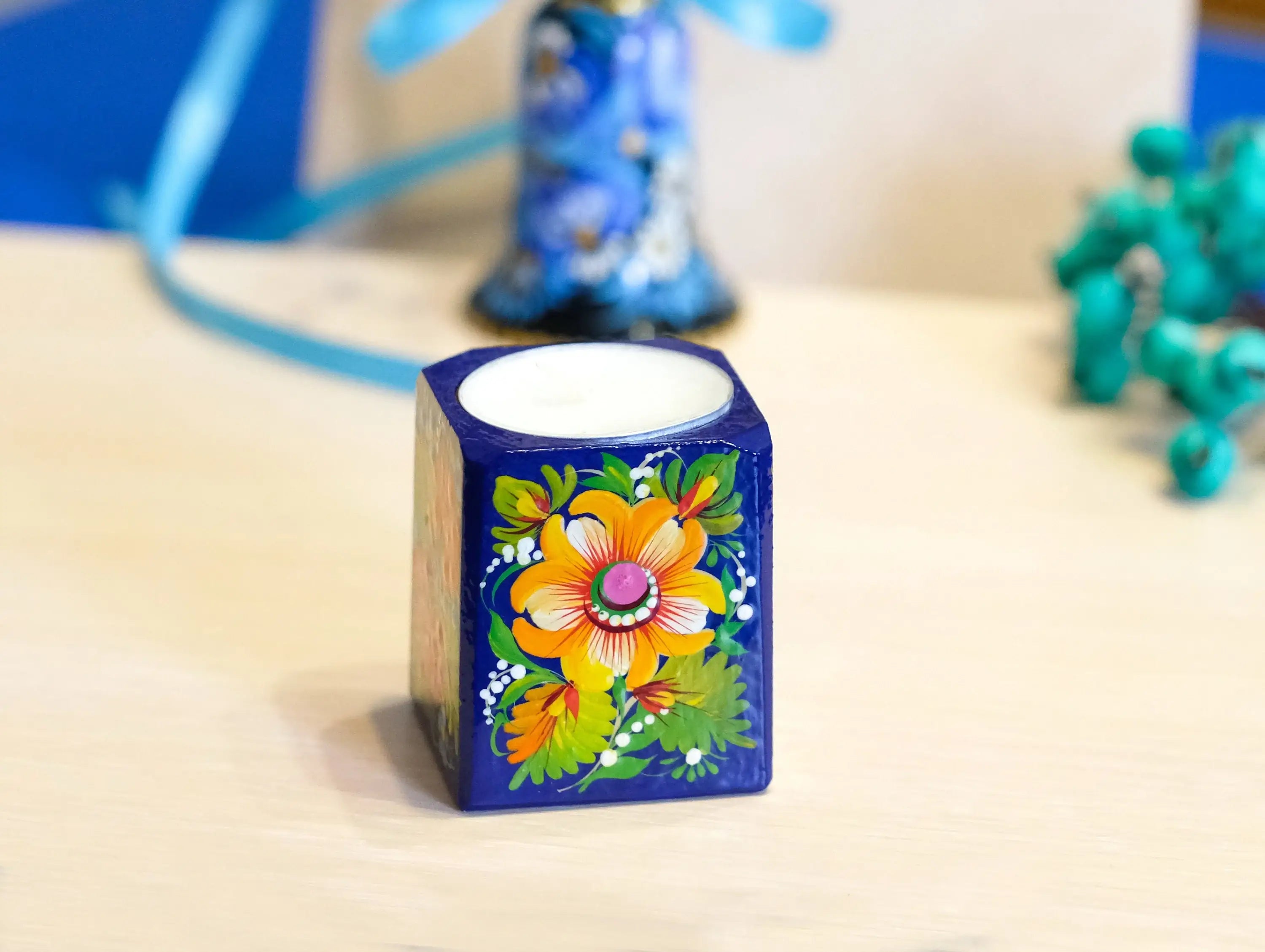 Painted Wooden Sunflower Candle Holder - Handmade Petrykivka Art Orange Flower Tea Light Holder