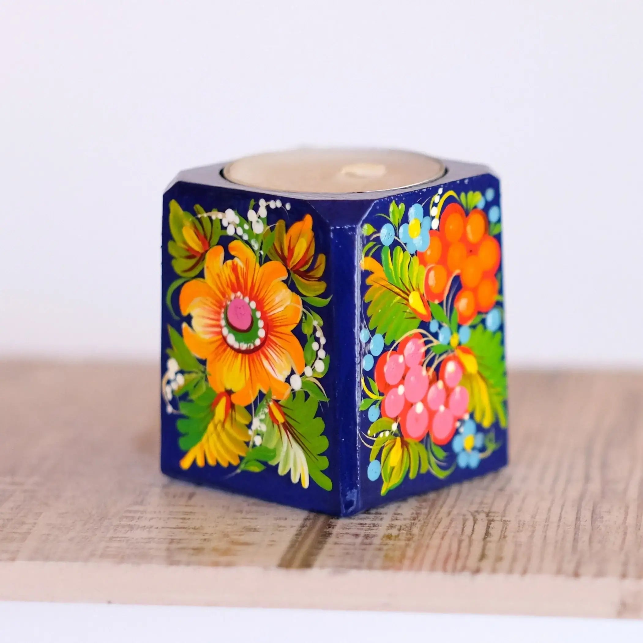 Painted Wooden Sunflower Candle Holder - Handmade Petrykivka Art Orange Flower Tea Light Holder