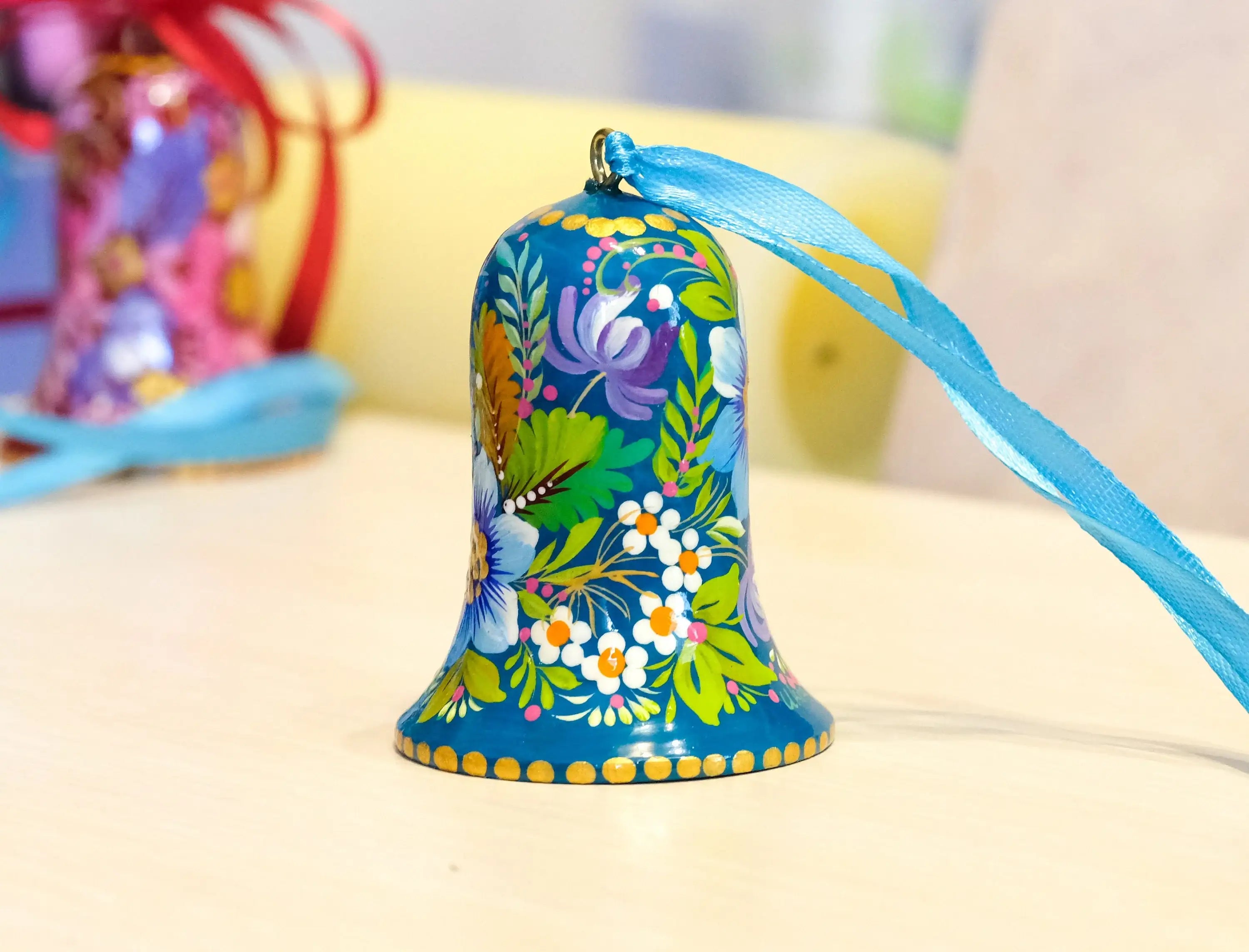 Painted Wooden Hummingbird Christmas Bell Ornament