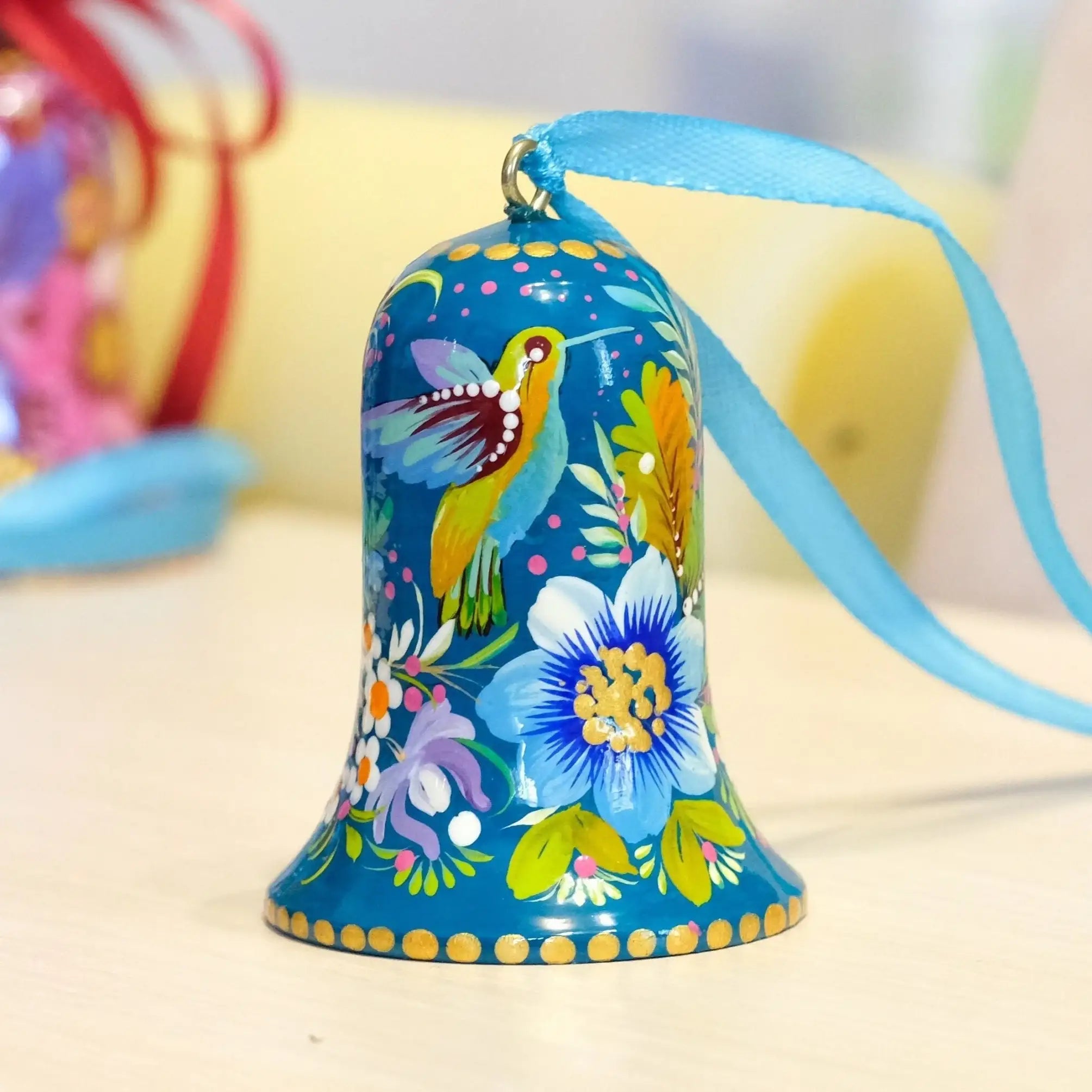 Painted Wooden Hummingbird Christmas Bell Ornament