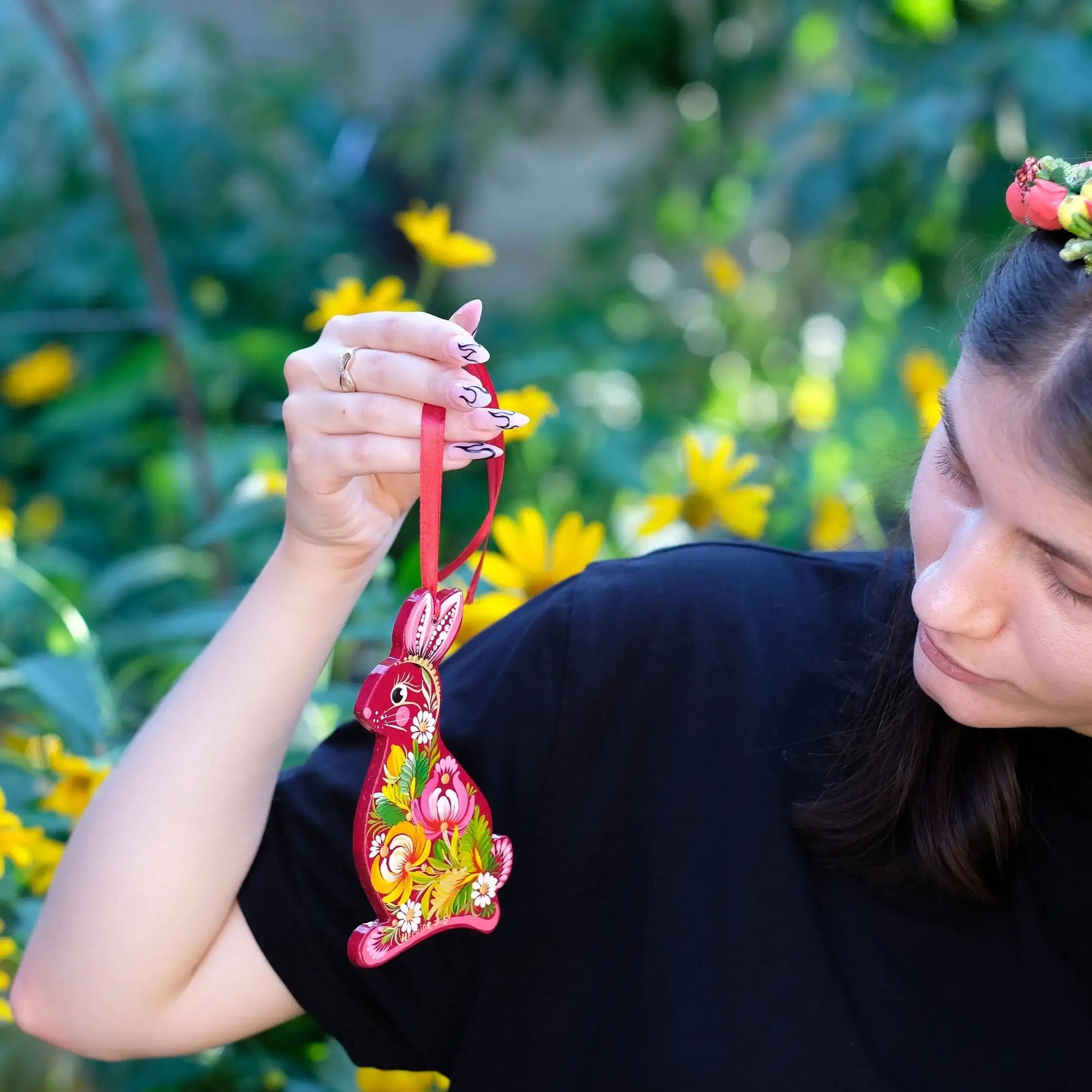 Large Hand-painted Wooden Rabbit Easter Ornament