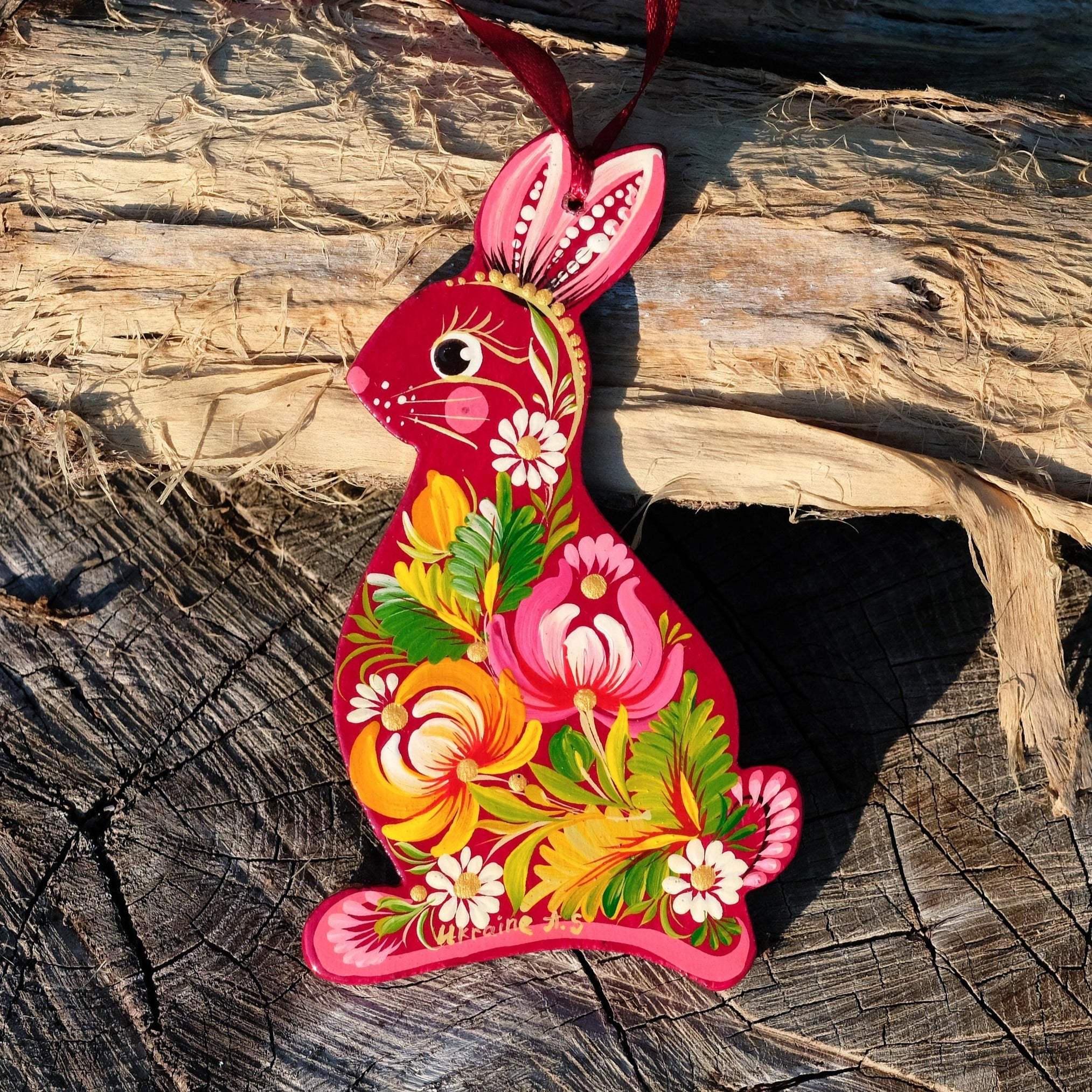 Large Hand-painted Wooden Rabbit Easter Ornament