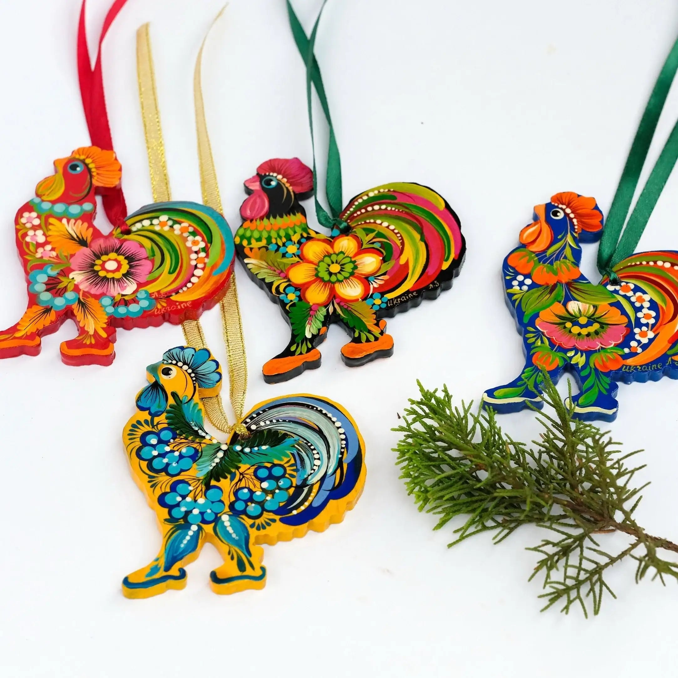 Set of 4 Painted Wooden Rooster Easter Ornaments, Gift-wrapped