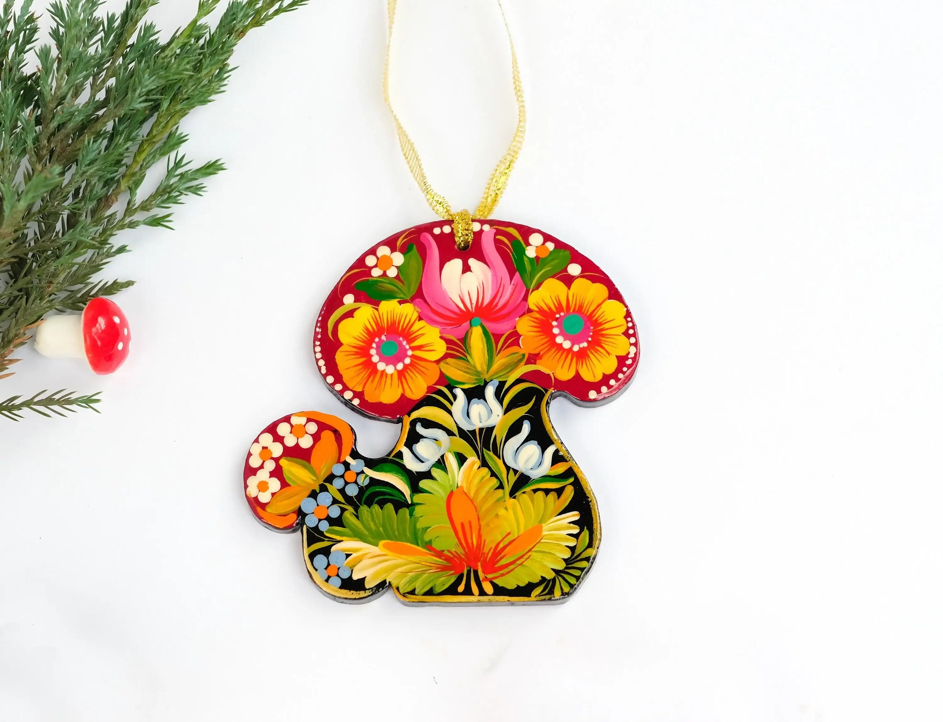 Mushroom Painted Wooden Christmas Ornament